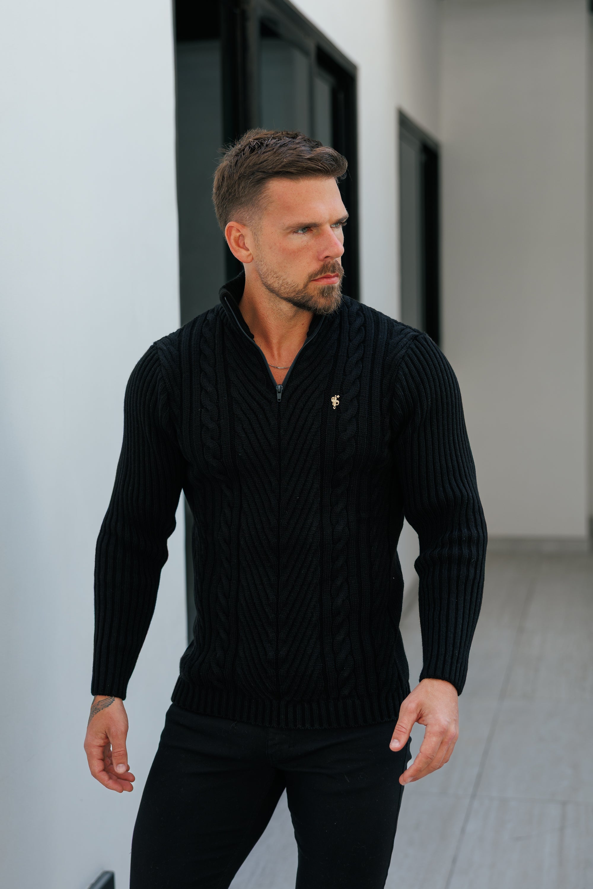 Funnel Neck Jumper with Quarter Zip Black -  FSJ155
