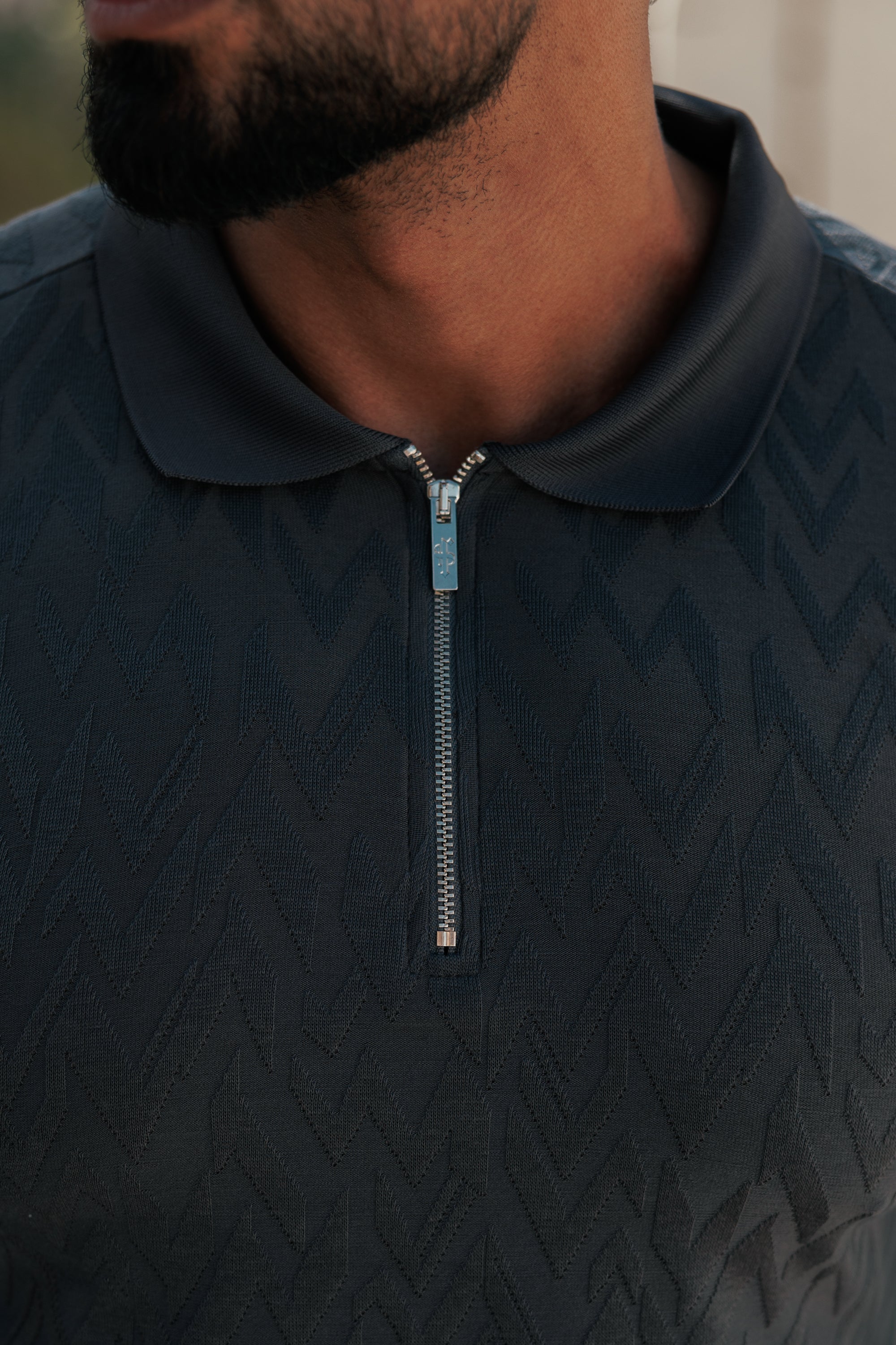 Classic Jacquard Charcoal Chevron Zipped Polo Long Sleeve - FSR044