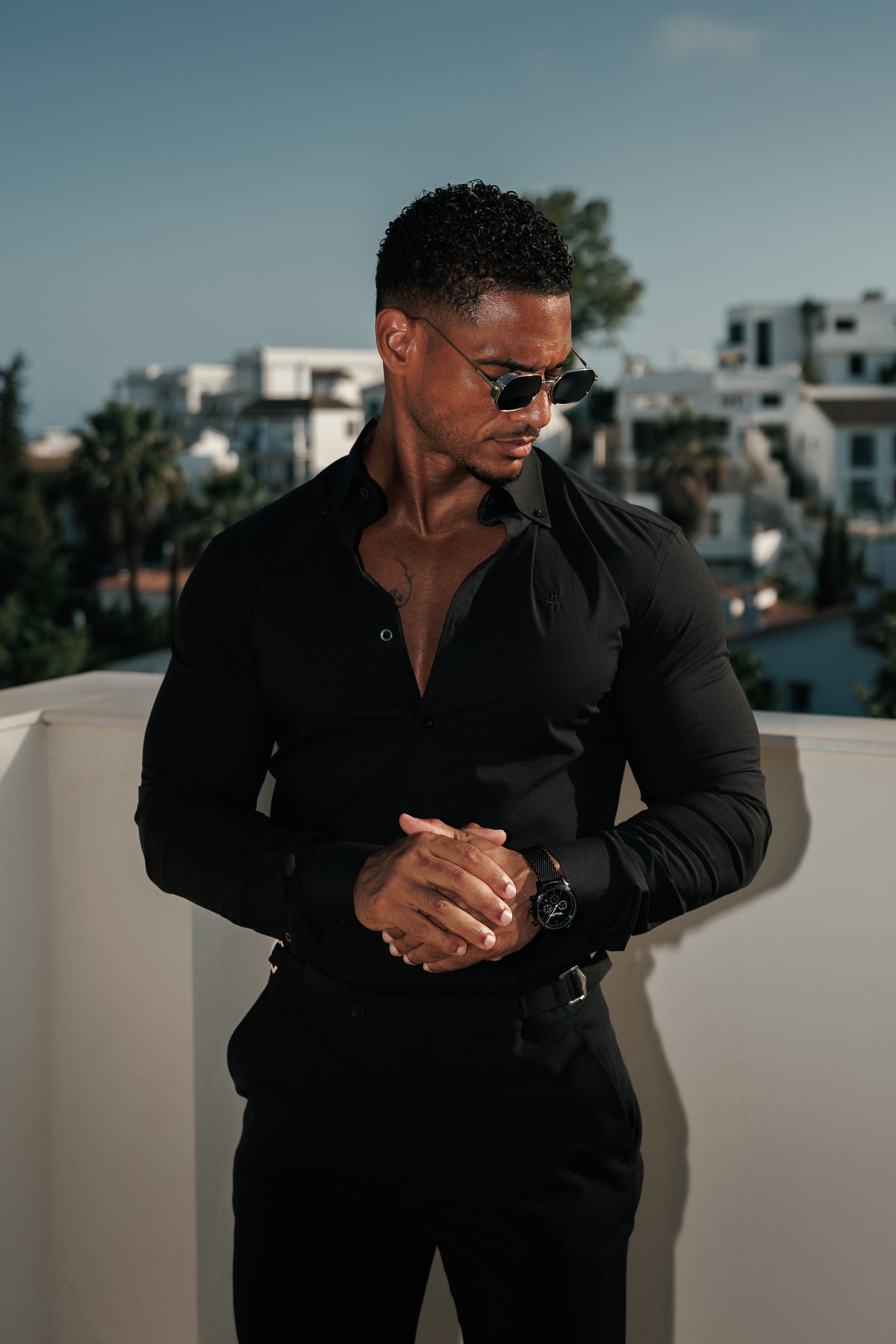 Zeus Muscle Fit Advanced Stretch Black Buttondown Collar Shirt  - FS1243