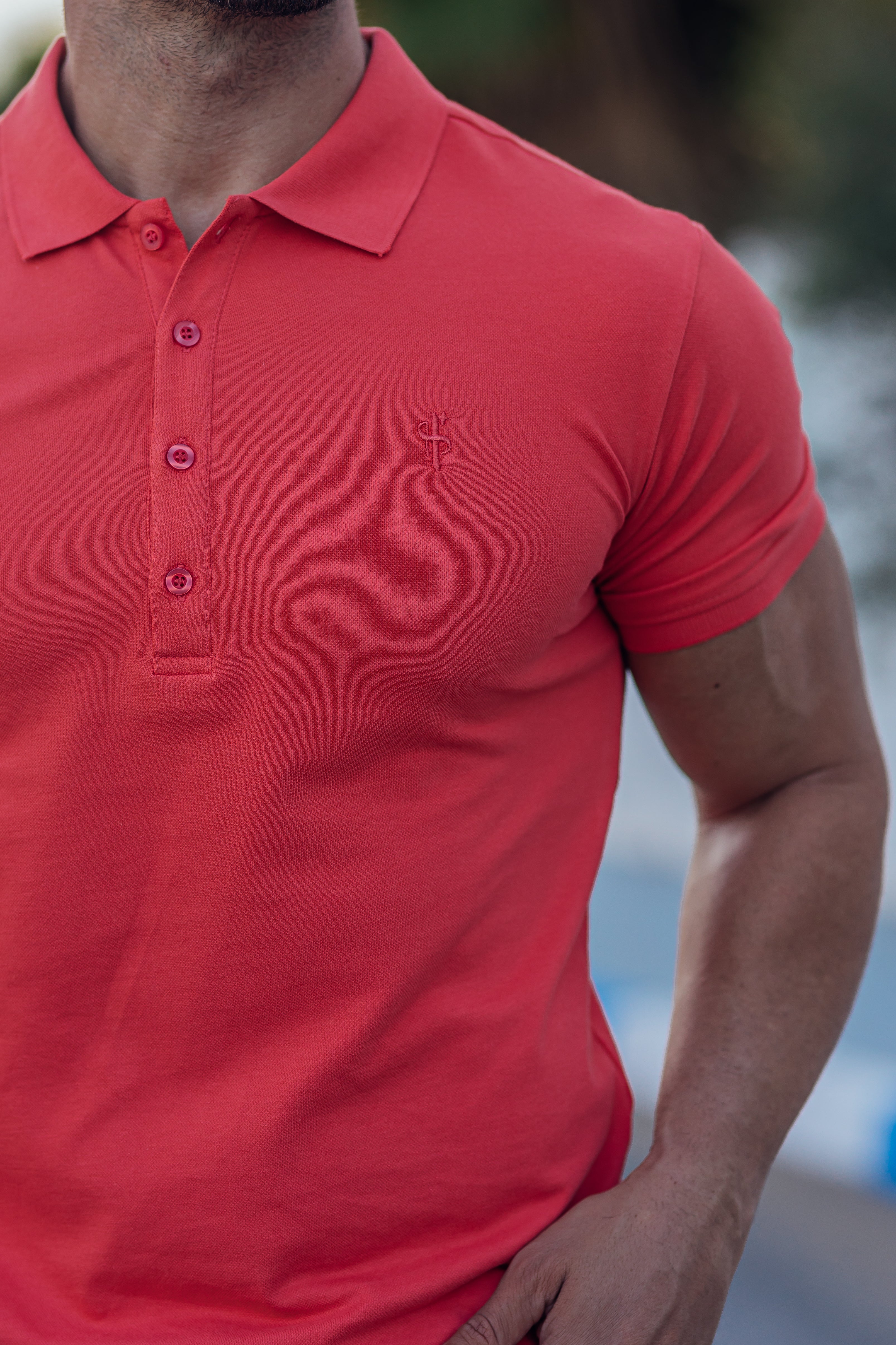 Classic Coral Polo Shirt with Tonal Button and Embroidery - FSH873