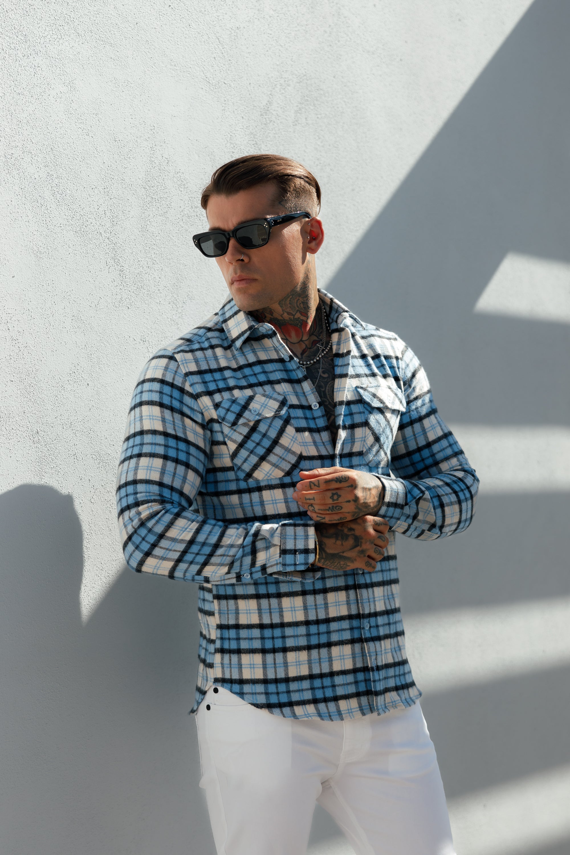 Light Blue Check Shacket With Double Pockets - FS1072