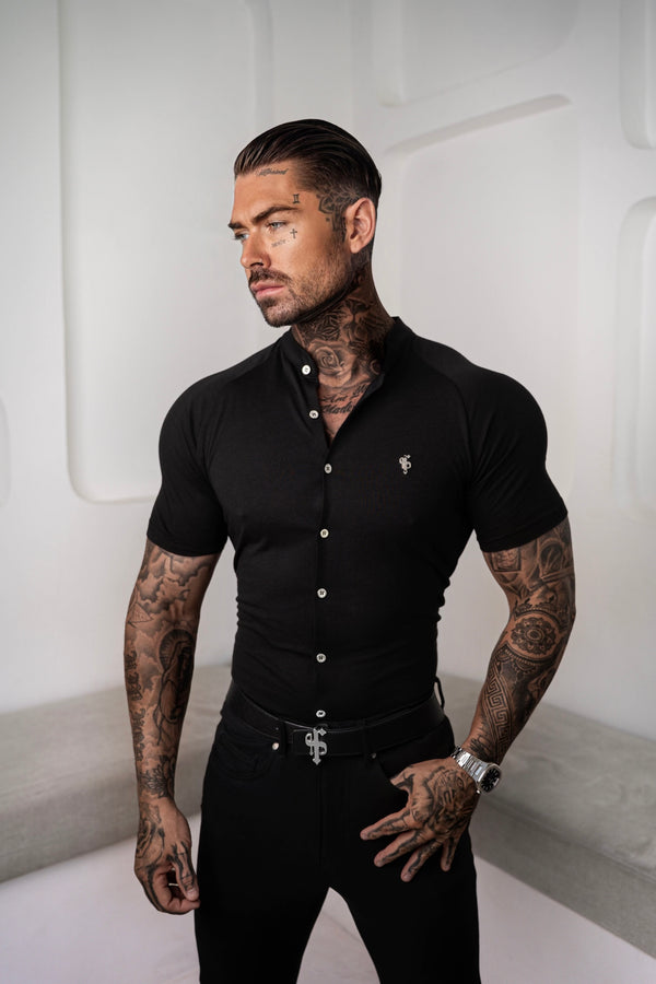 FS Slim Bamboo Raglan Grandad Collar Black Short Sleeve - FSH1165