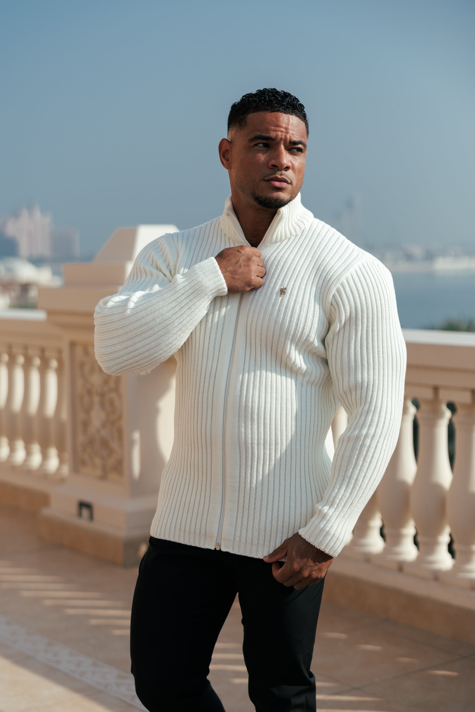 Chunky Cream Ribbed Zipped Cardigan with Gold Emblem- FSJ096