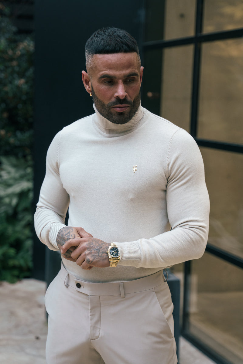 FS Beige Roll Neck Knitted Jumper With FS Branding -  FSN204