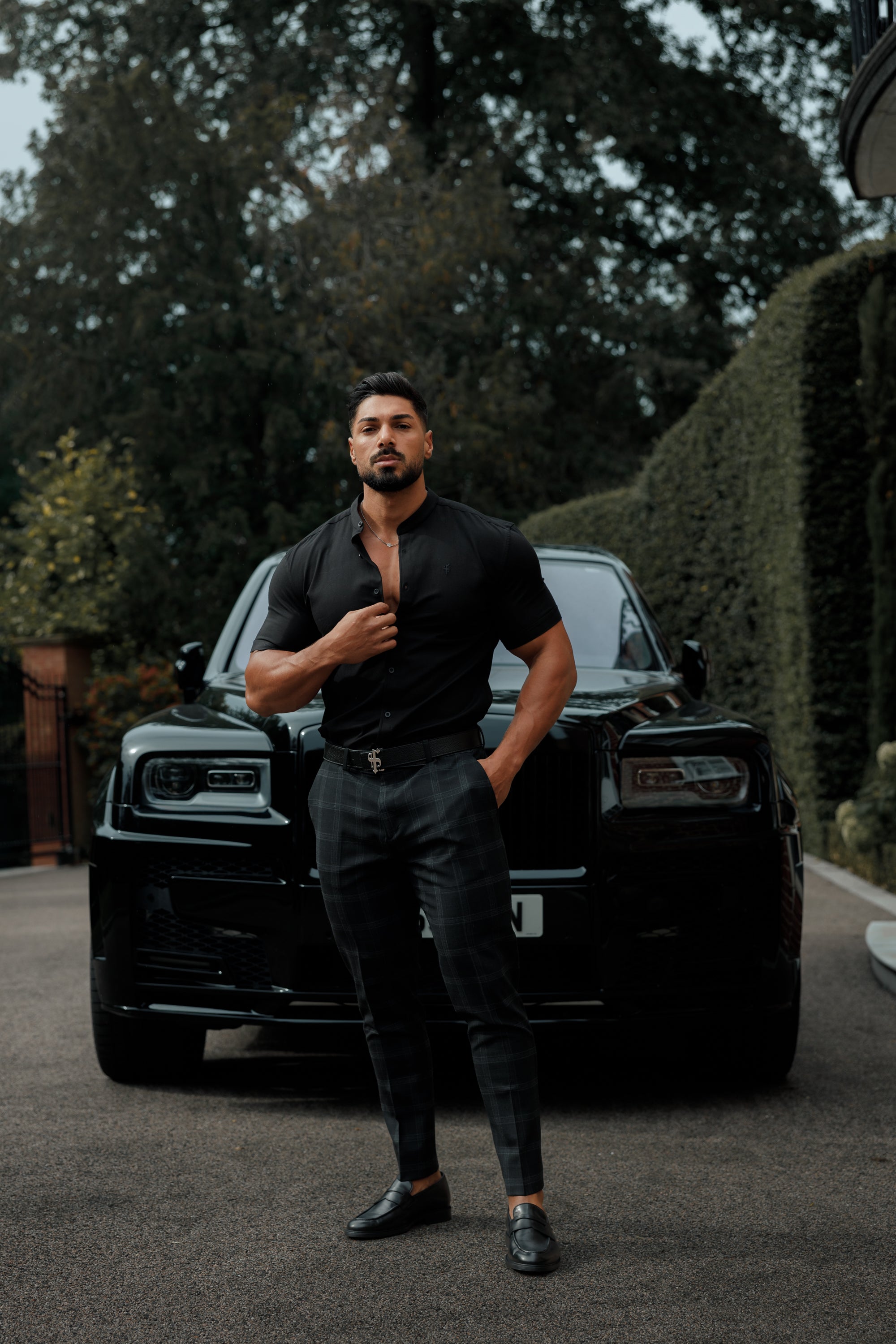 Super Slim Oxford Stretch Classic All Black Grandad Collar Short Sleeve - FS582