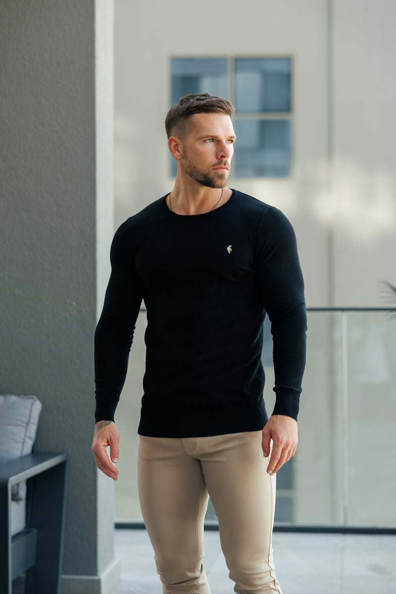 FS Black Crew Neck Knitted Jumper With FS Branding -  FSN194