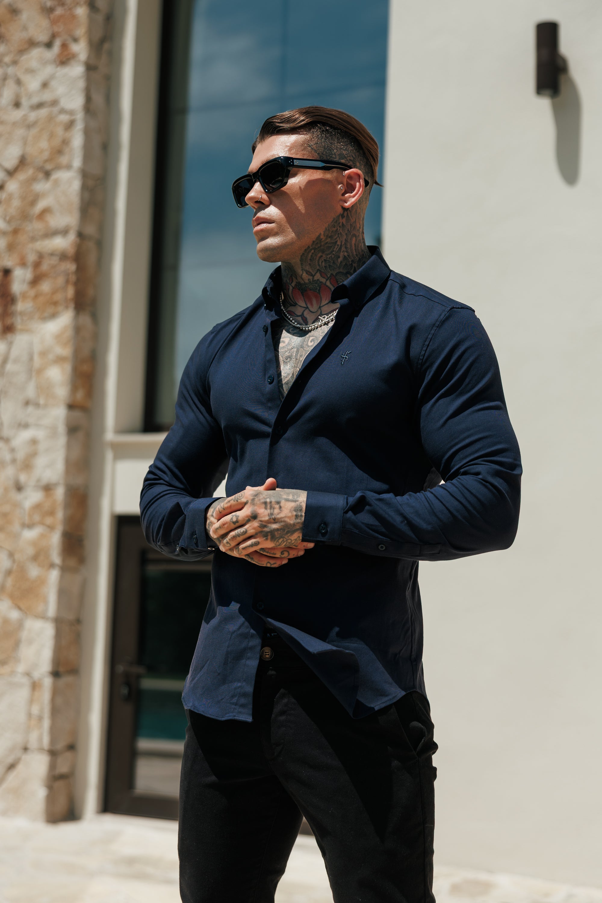 Classic Stretch Oxford Long Sleeve Navy with Button Down Collar - FS1230
