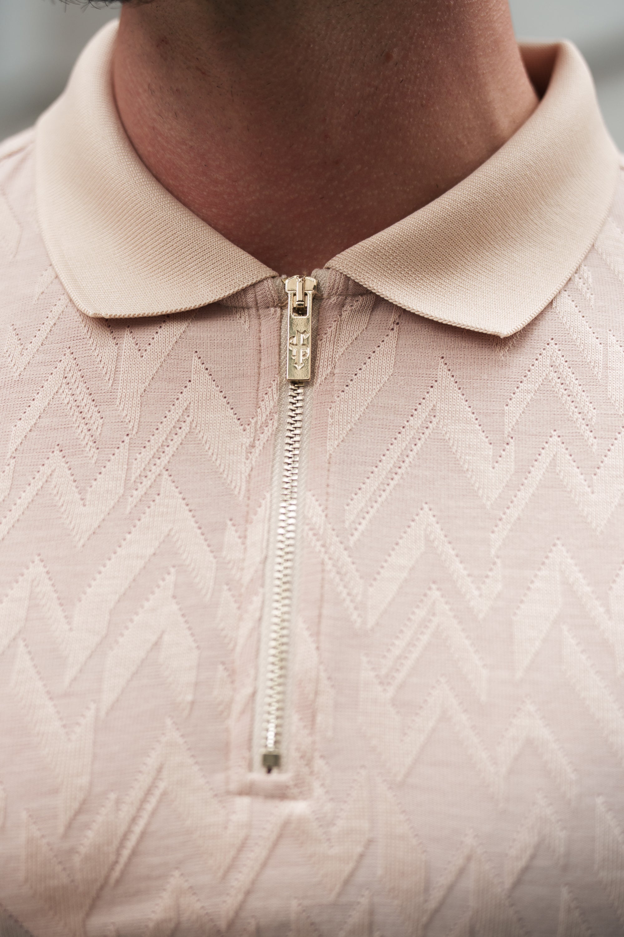 Classic Jacquard Beige Chevron Zipped Polo - FSR023