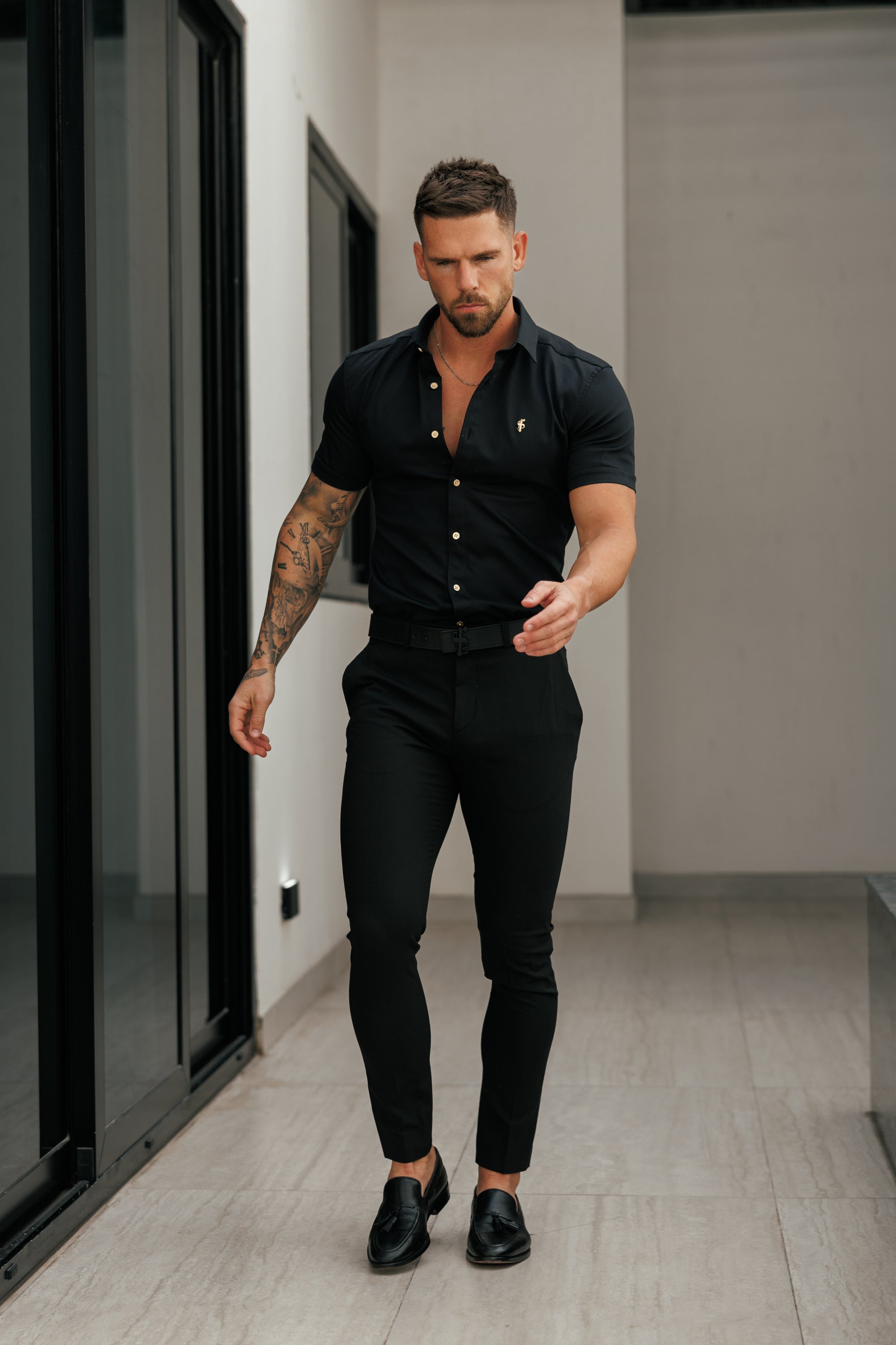 Super Slim Stretch Black Denim Short Sleeve with Gold Metal Decal and Buttons - FS1237