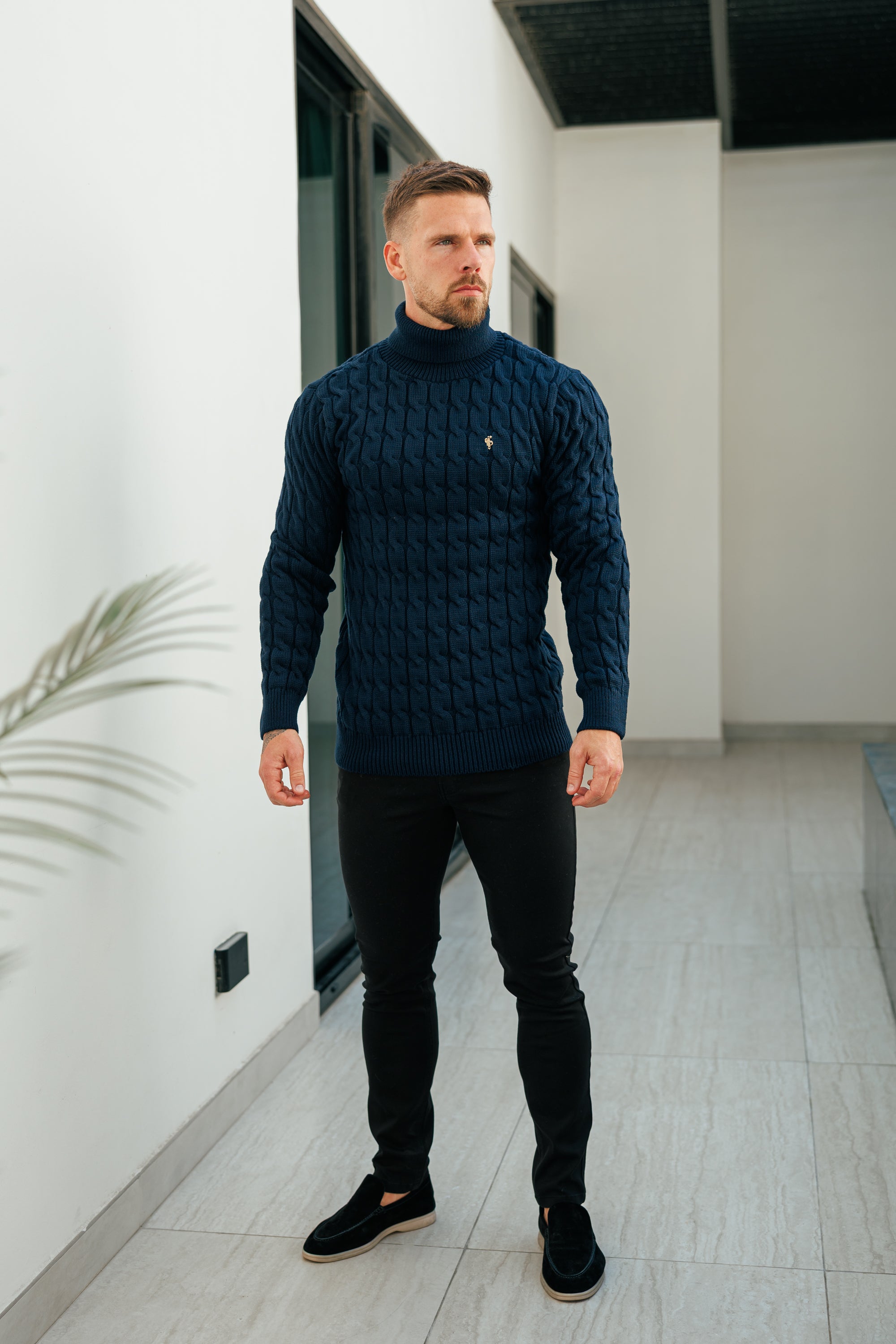Link Weave Knit Navy Roll Neck Jumper - FSJ103