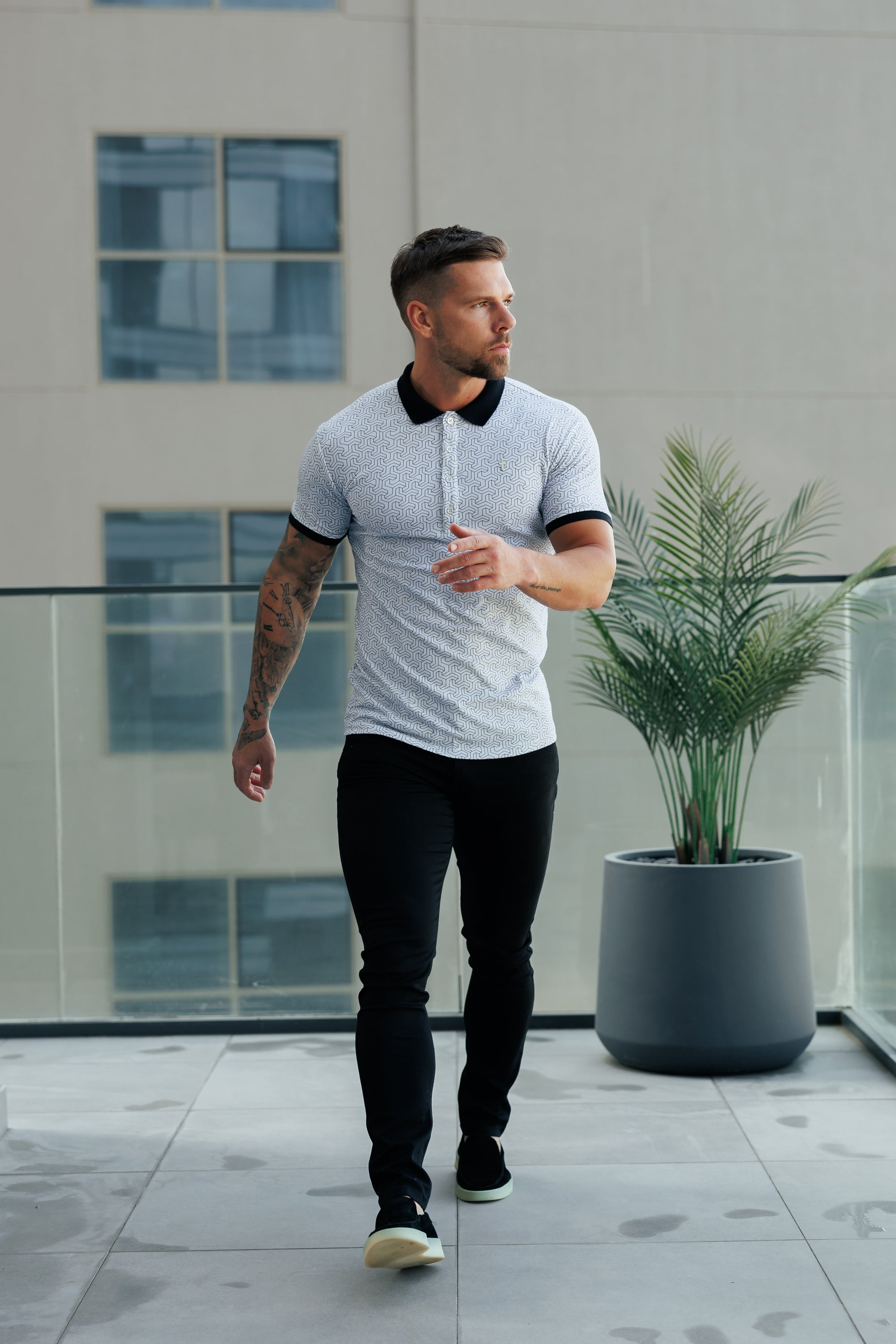 Grey / Black Geo Printed Polo Shirt - FSH1236