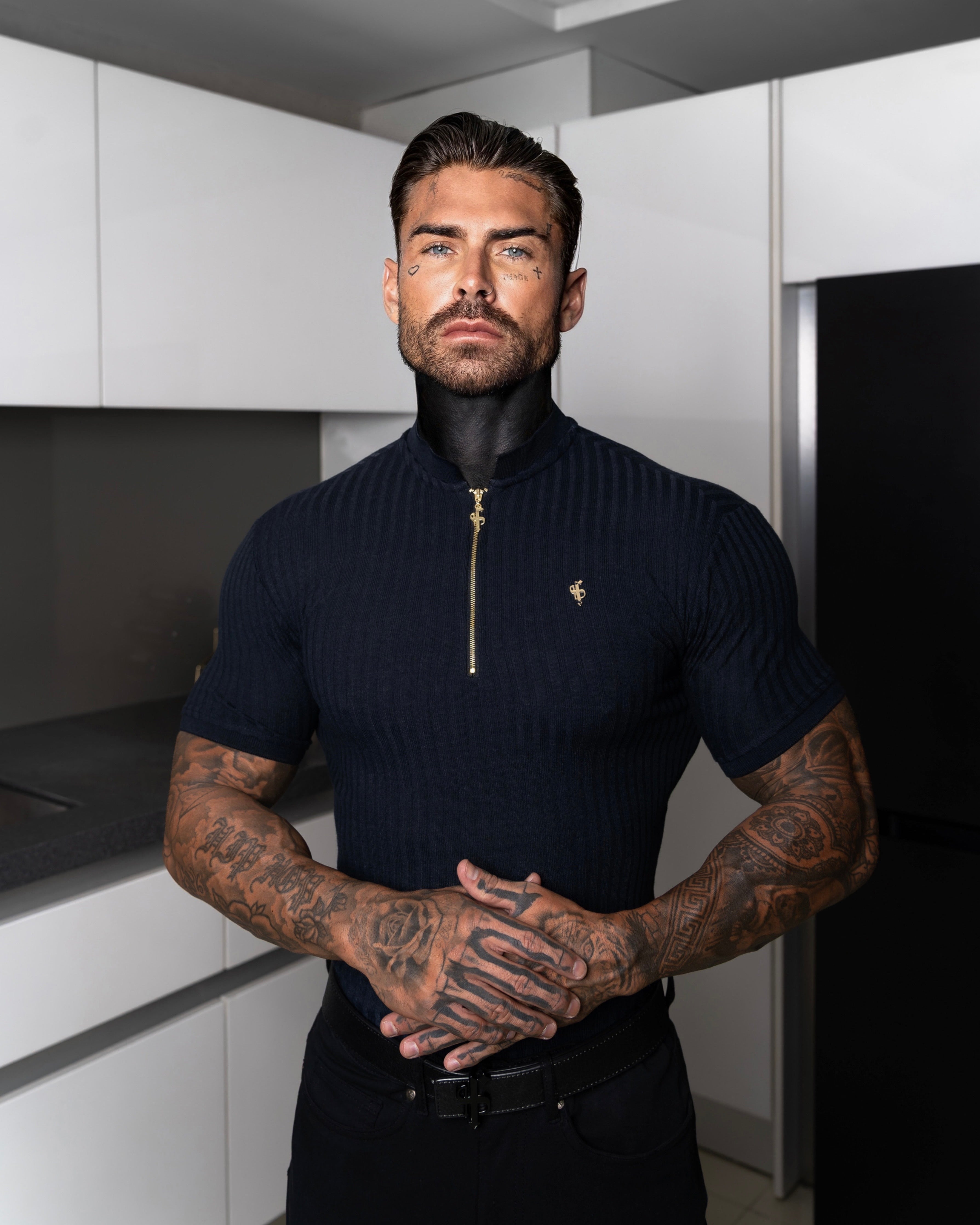 Classic Navy Ribbed Zip Grandad Collar Shirt Short Sleeve - FSH773