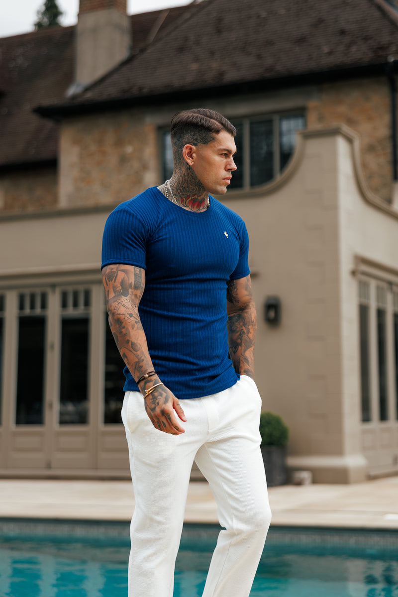 Father Sons Classic New Navy / Gold Ribbed Knit Super Slim Short Sleeve Crew - FSH1383