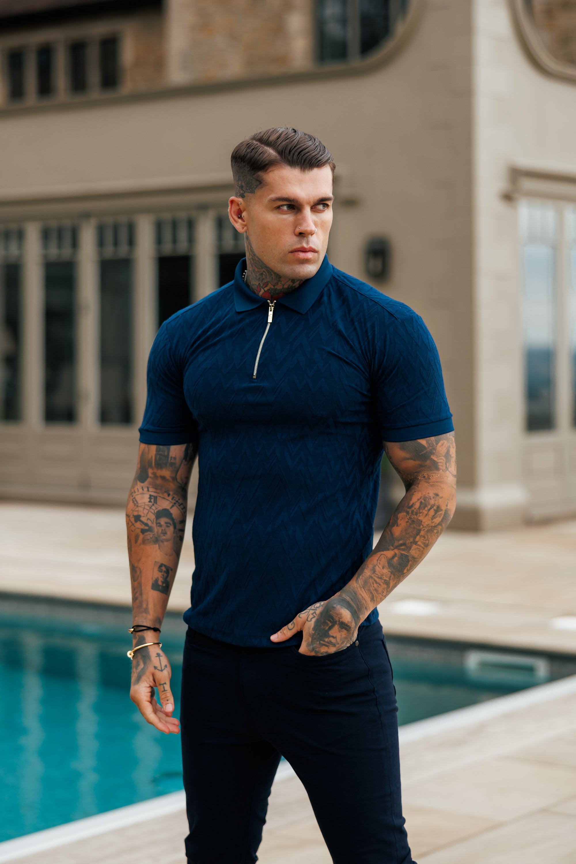 Classic Jacquard Navy Chevron Zipped Polo - FSR021
