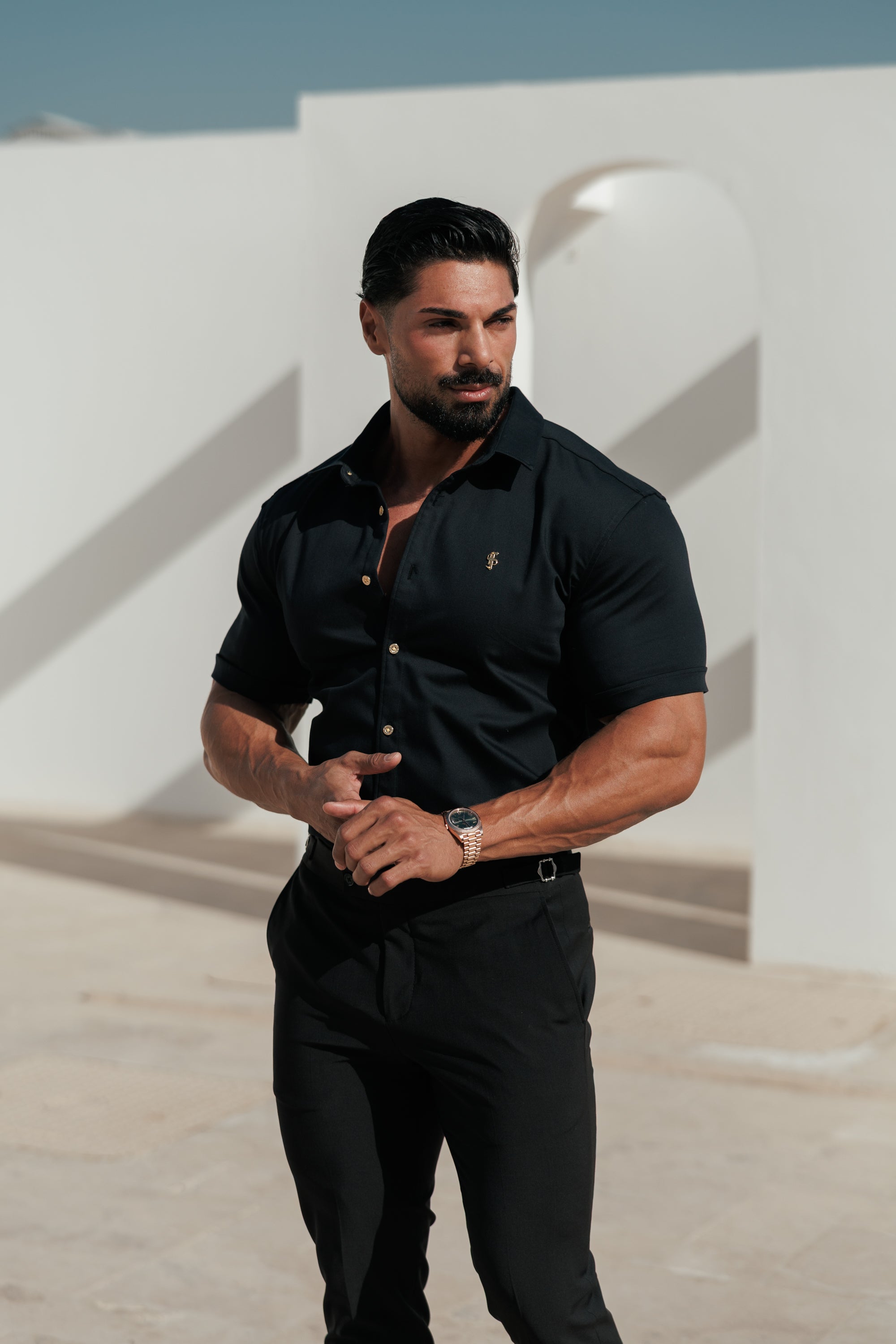 Super Slim Stretch Black Denim Short Sleeve with Gold Metal Decal and Buttons - FS1237