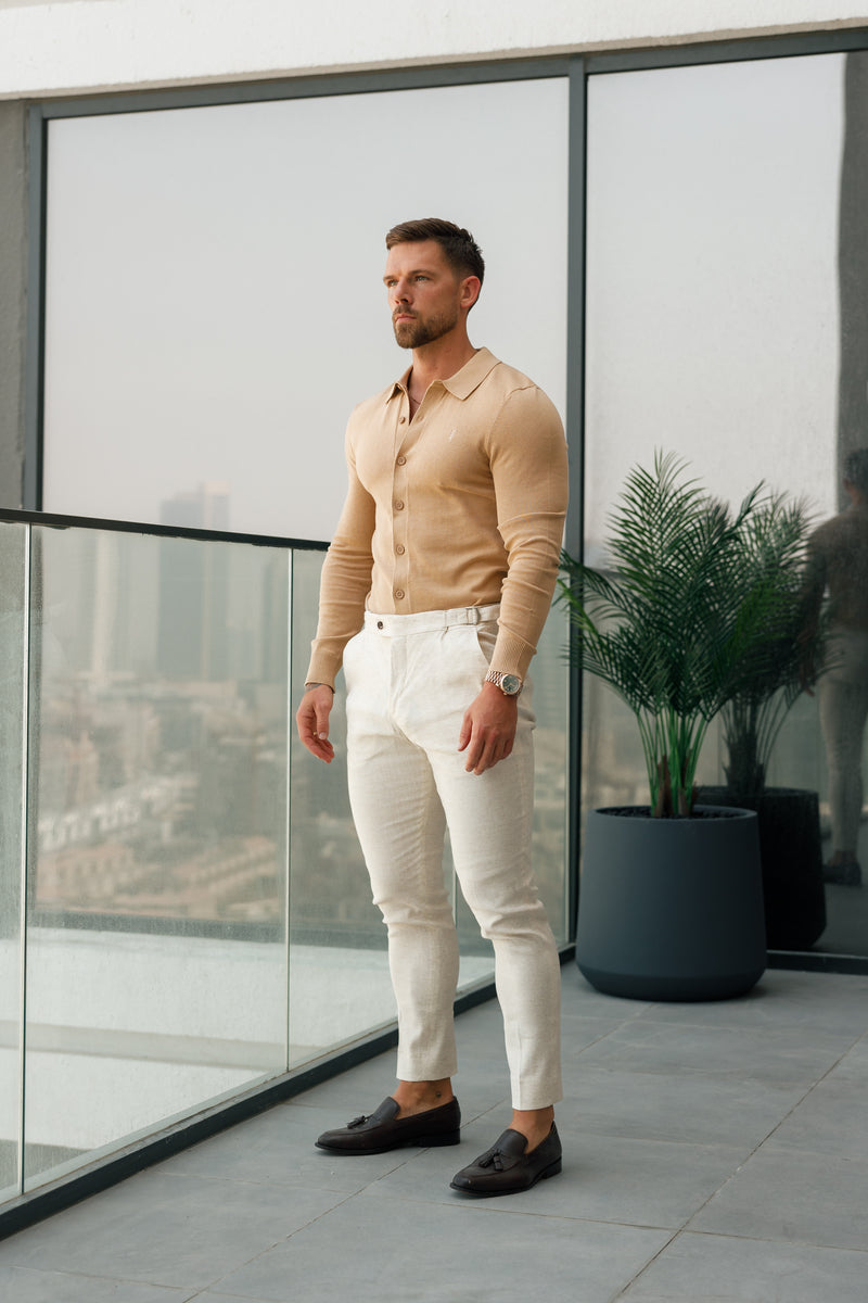 FatherSons Slim Formal Cream Linen Pants With Side Adjusters - FST020