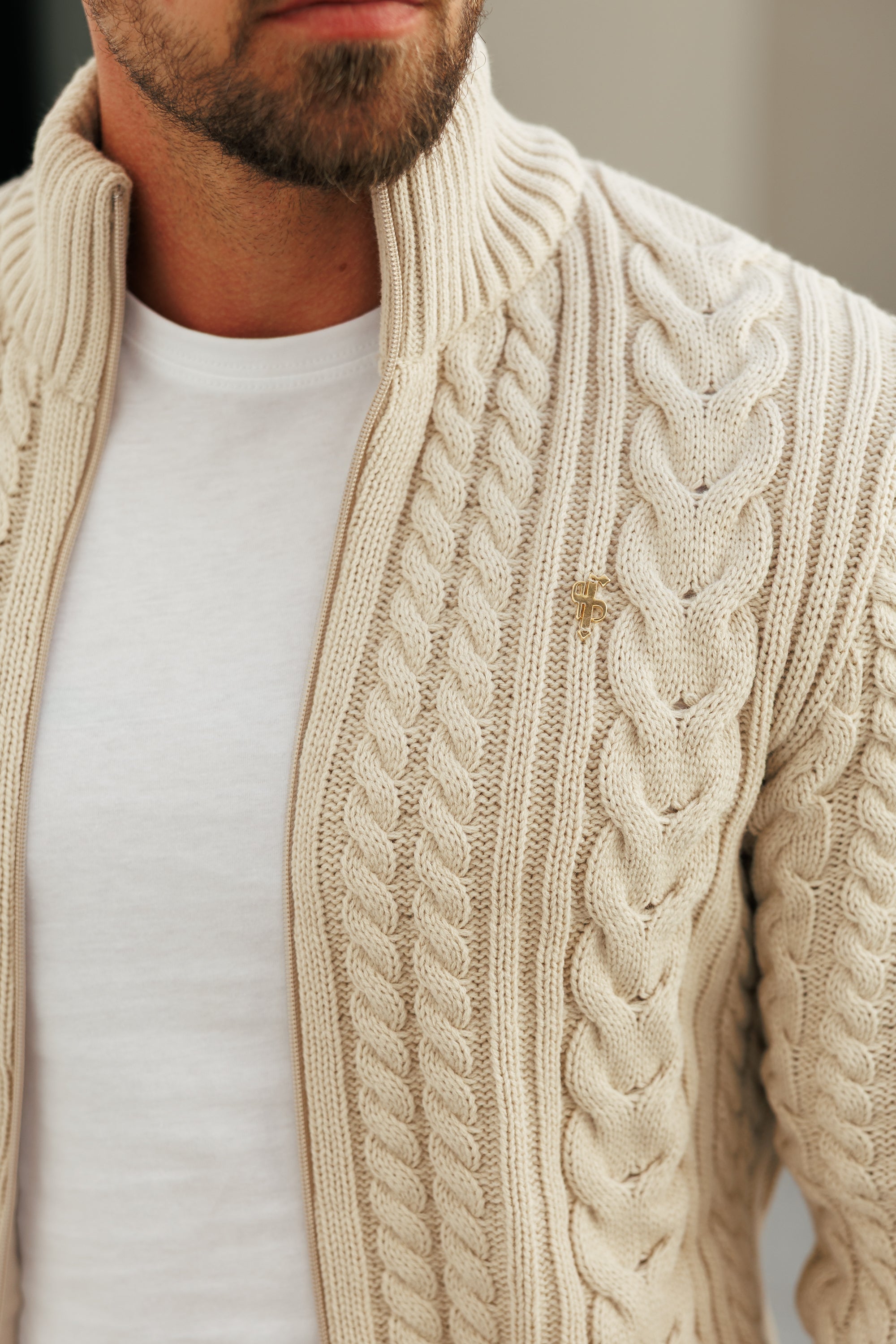 Chunky Zipped Cardigan Beige -  FSJ150