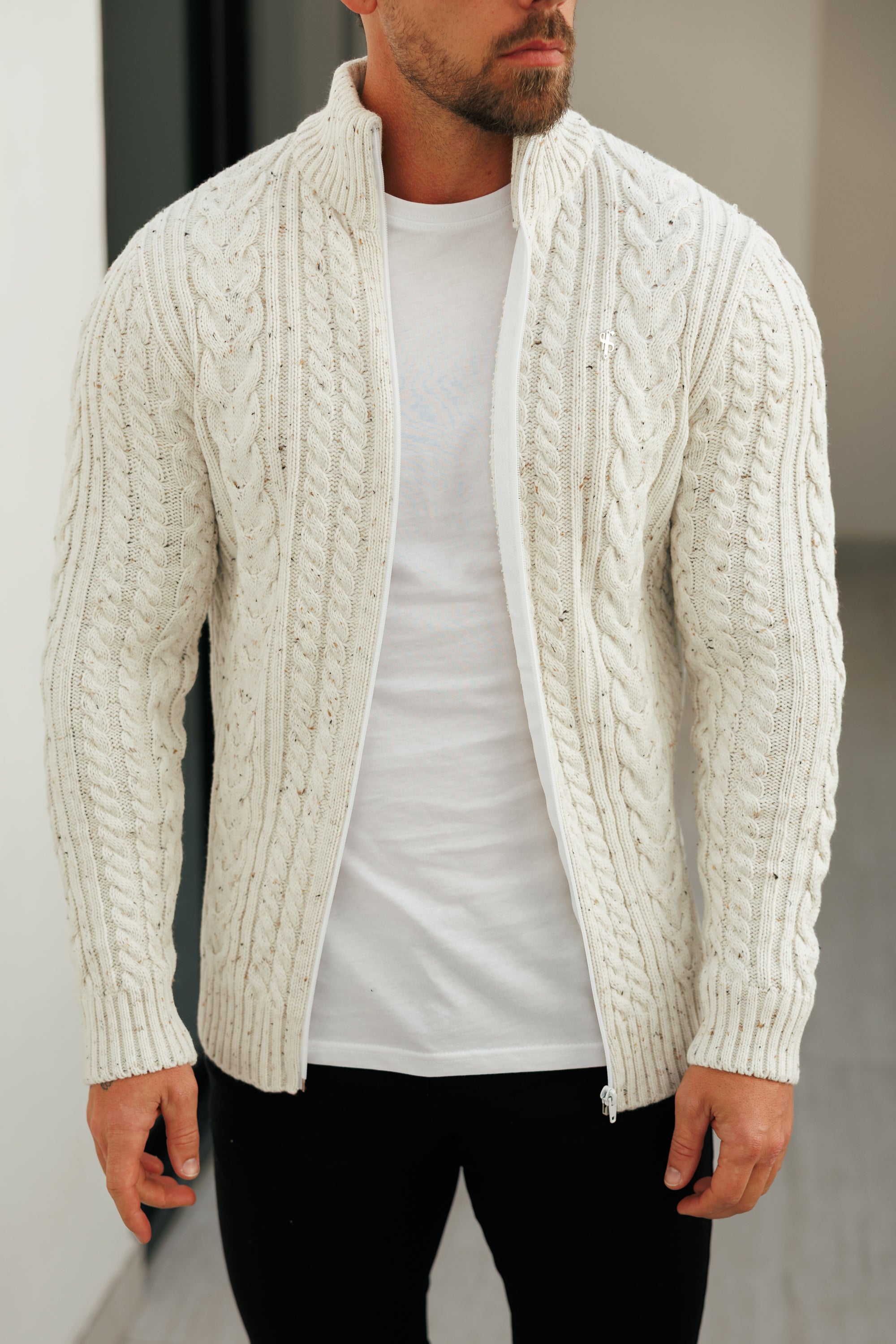 Chunky Zipped Cardigan Beige Fleck -  FSJ148