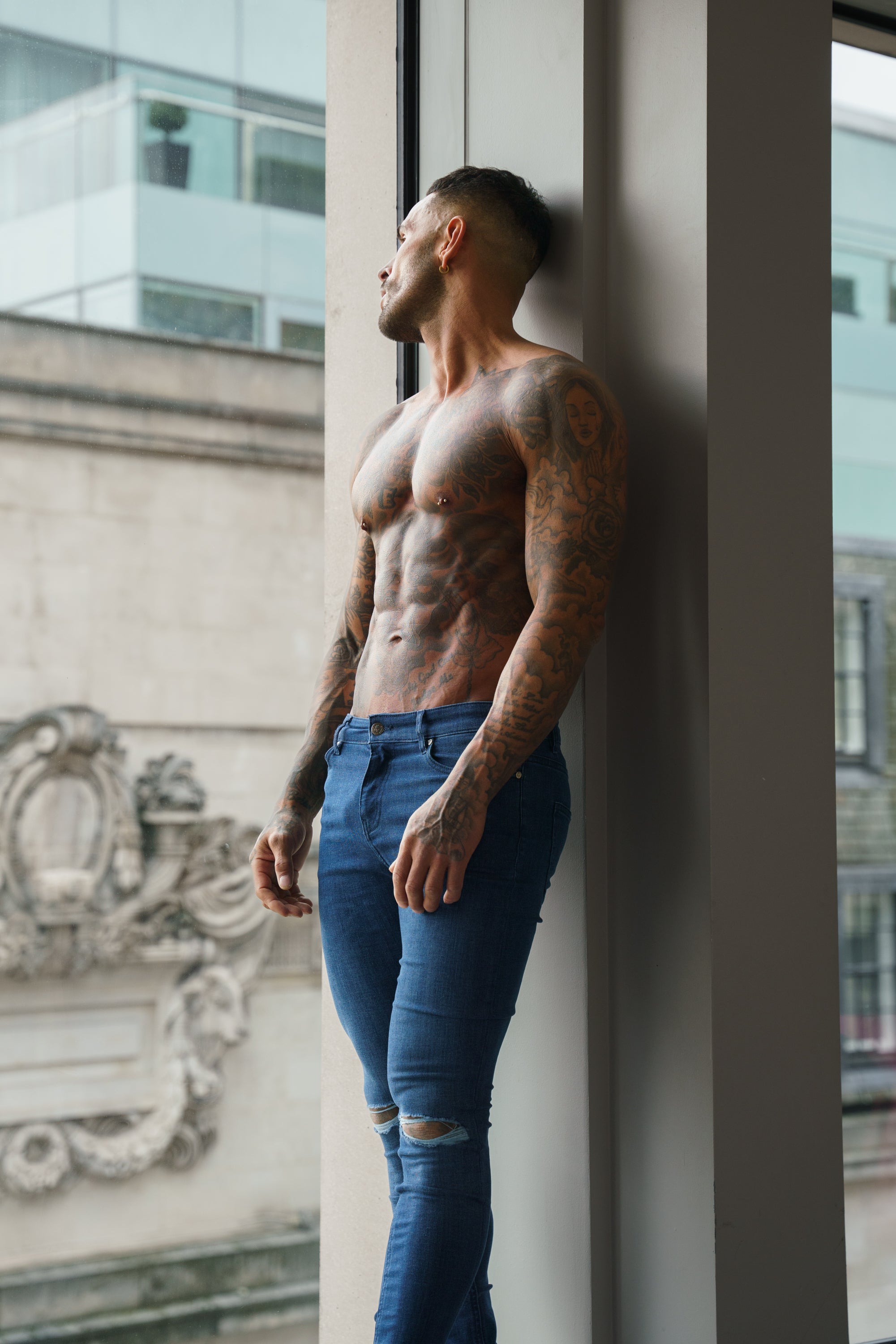 Ultra Stretch Mid Blue Slim Jeans with Knee Rips - FSJEAN011