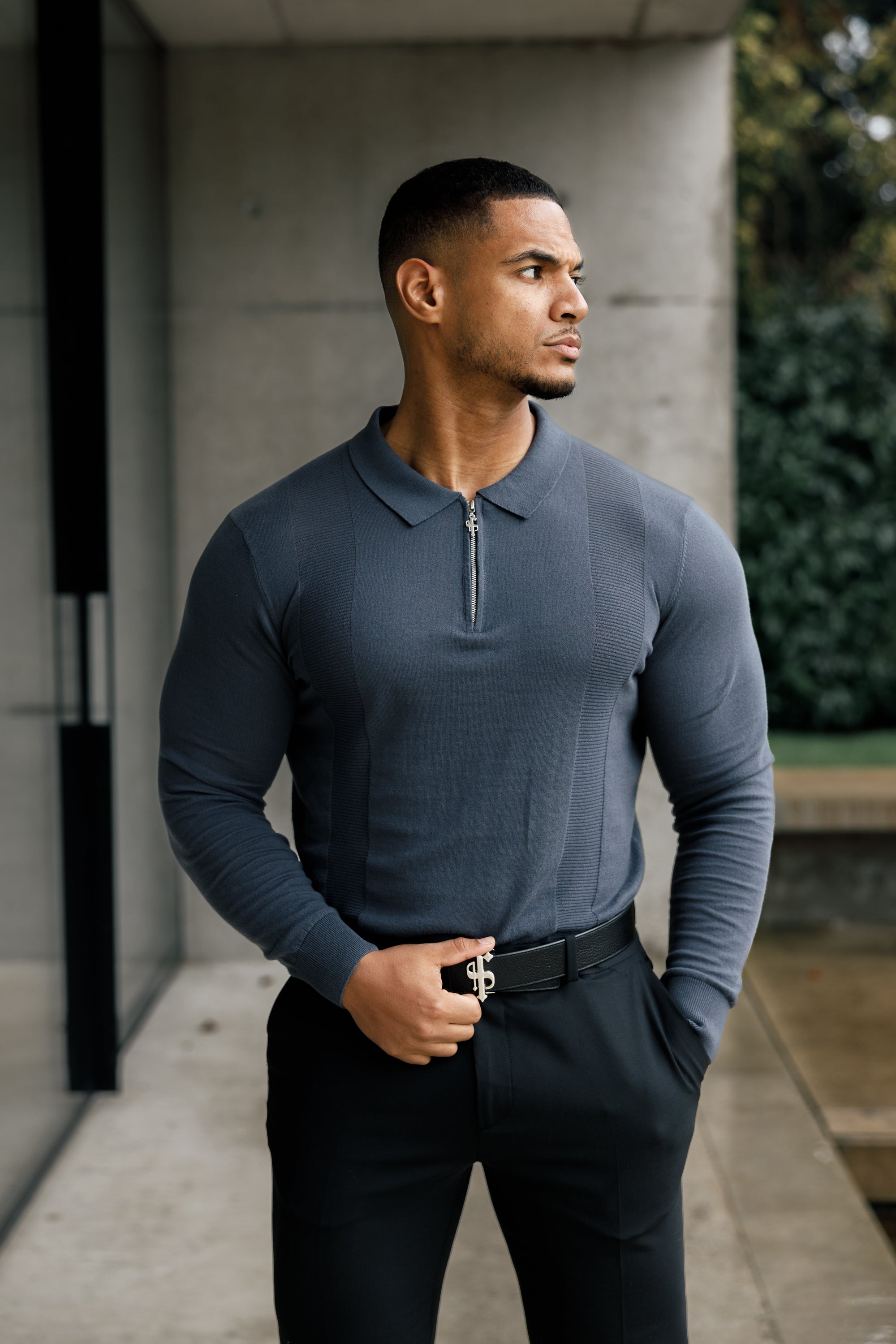 Classic Gunmetal and Silver Zip Knitted Polo Shirt Long Sleeve - FSN128