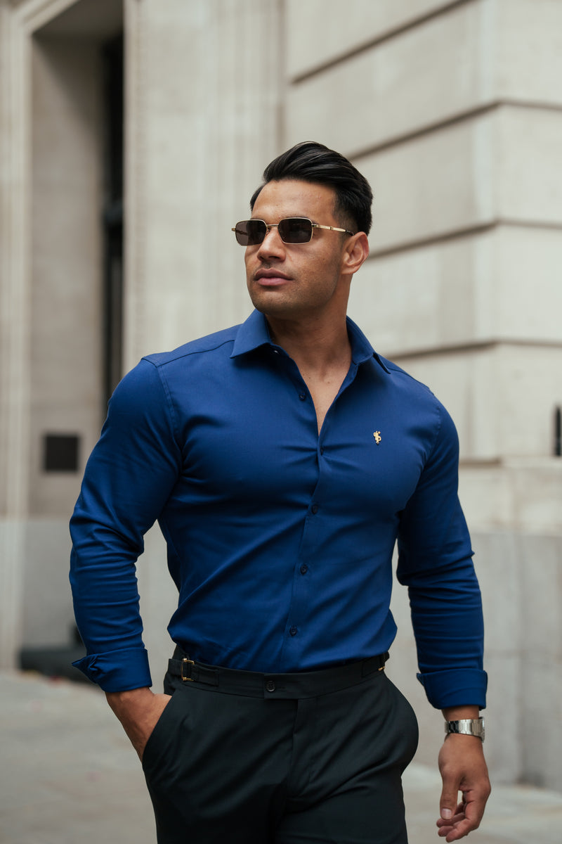 Father Sons Super Slim Stretch Navy Denim Long Sleeve with Cutaway Collar - FS1149