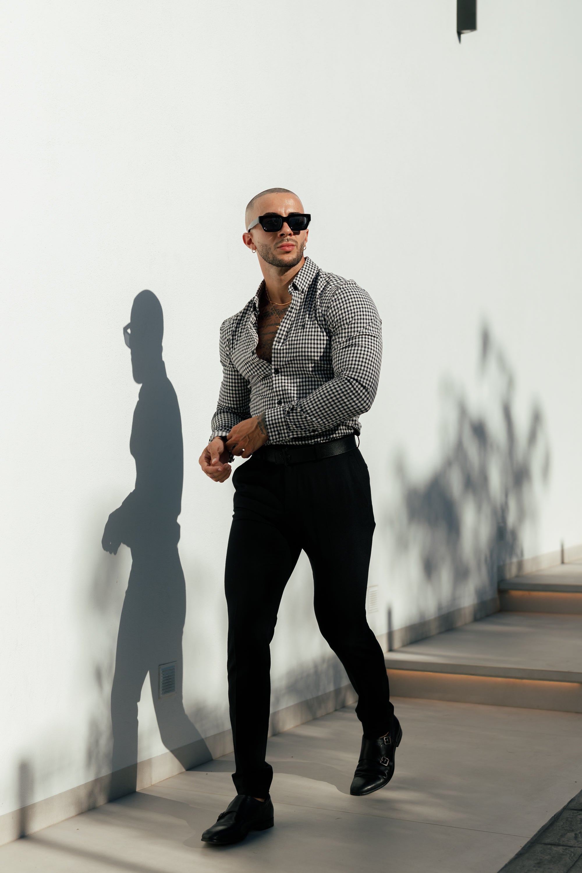 Super Slim Stretch White / Black Check Long Sleeve with Button Down Collar - FS1069