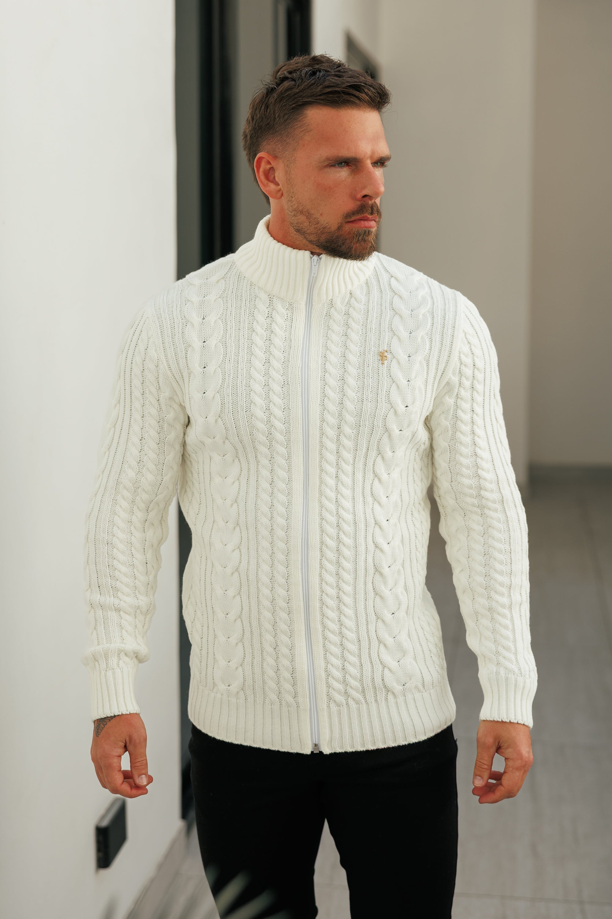 Chunky Zipped Cardigan Cream -  FSJ143