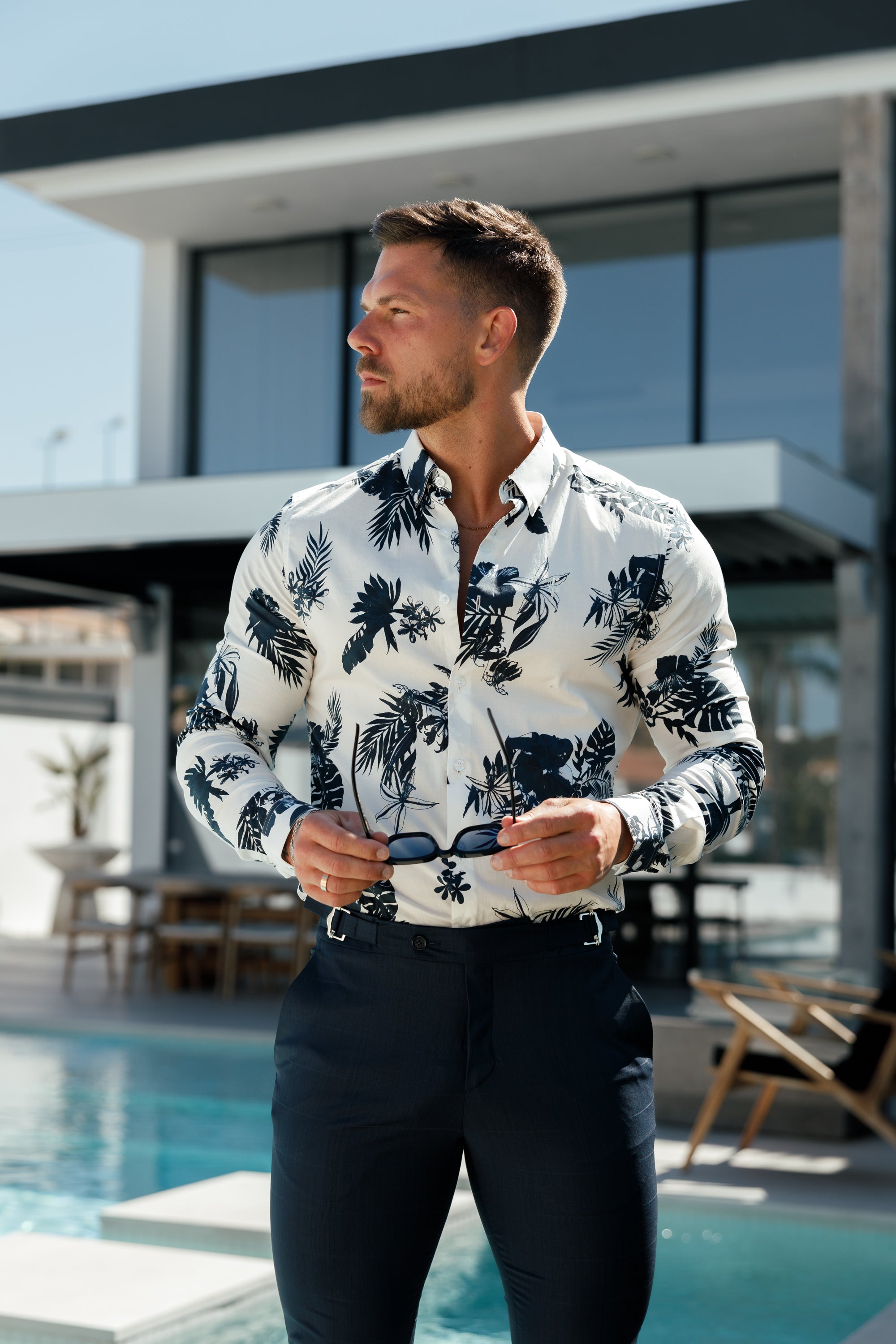 Father Sons Slim Formal Navy Self Check Stretch Pants with Side Adjusters - FST030