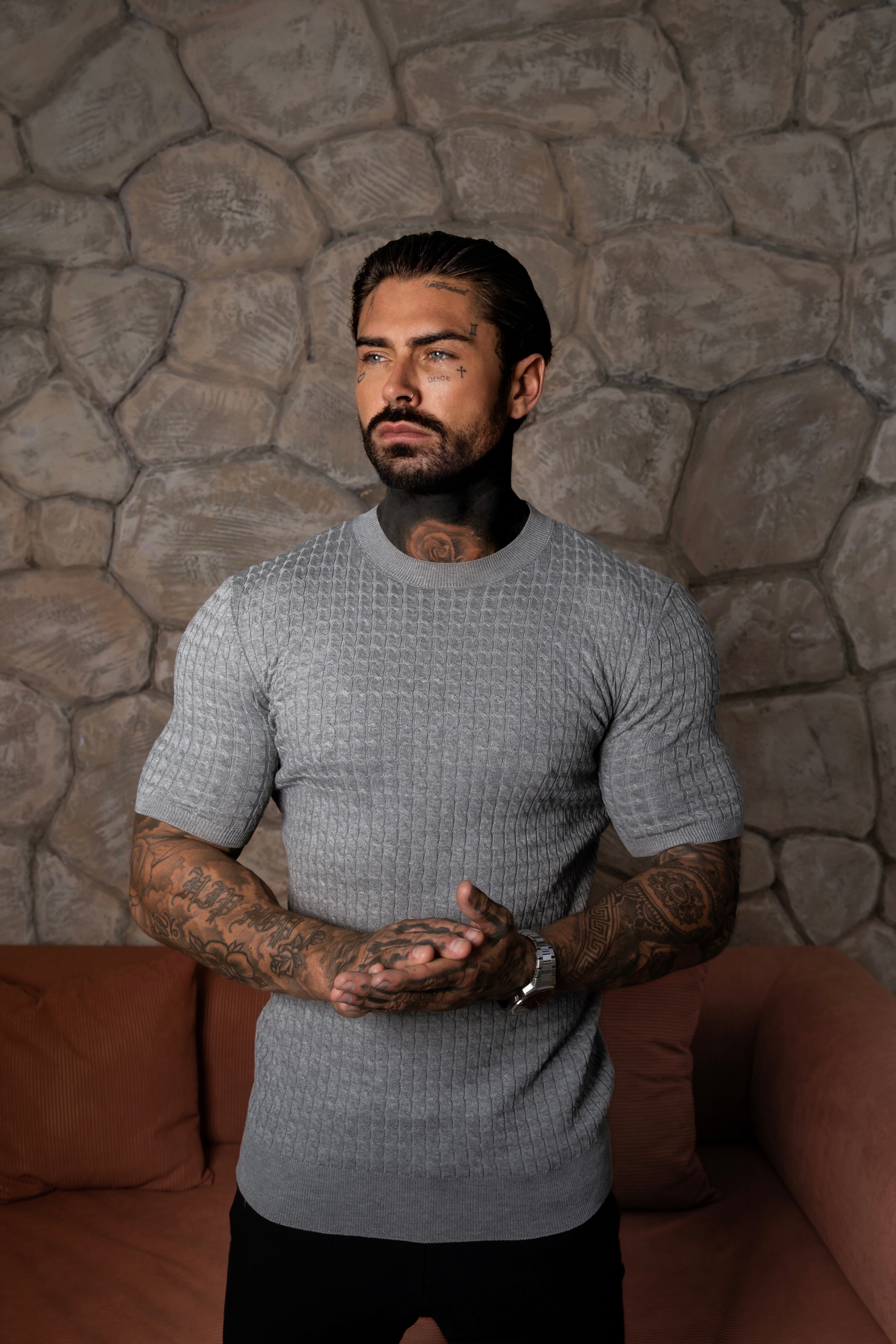 Front Chain Knit Crew T-Shirt Light Charcoal Short Sleeve  -  FSR058