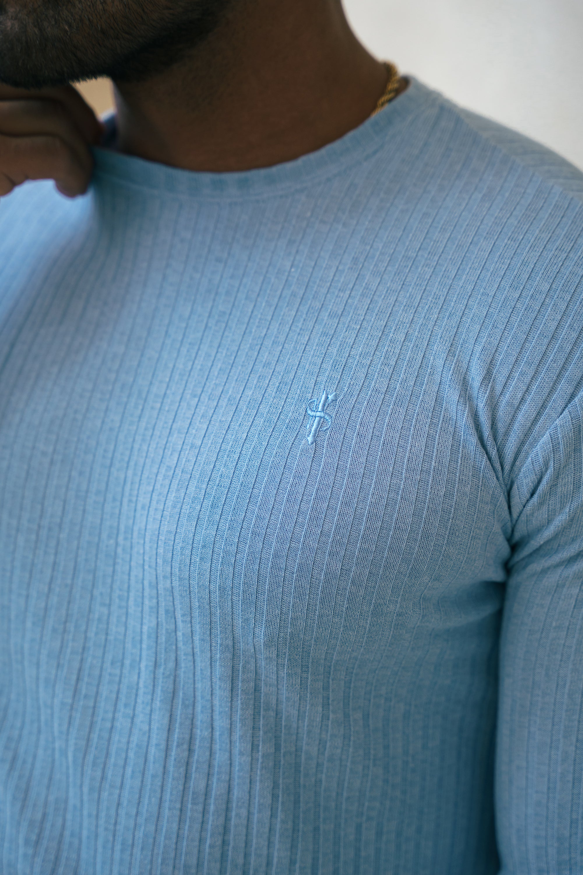 Father Sons Classic Light Blue Ribbed Knit Jumper With Tonal Embroidery -  FSH1286
