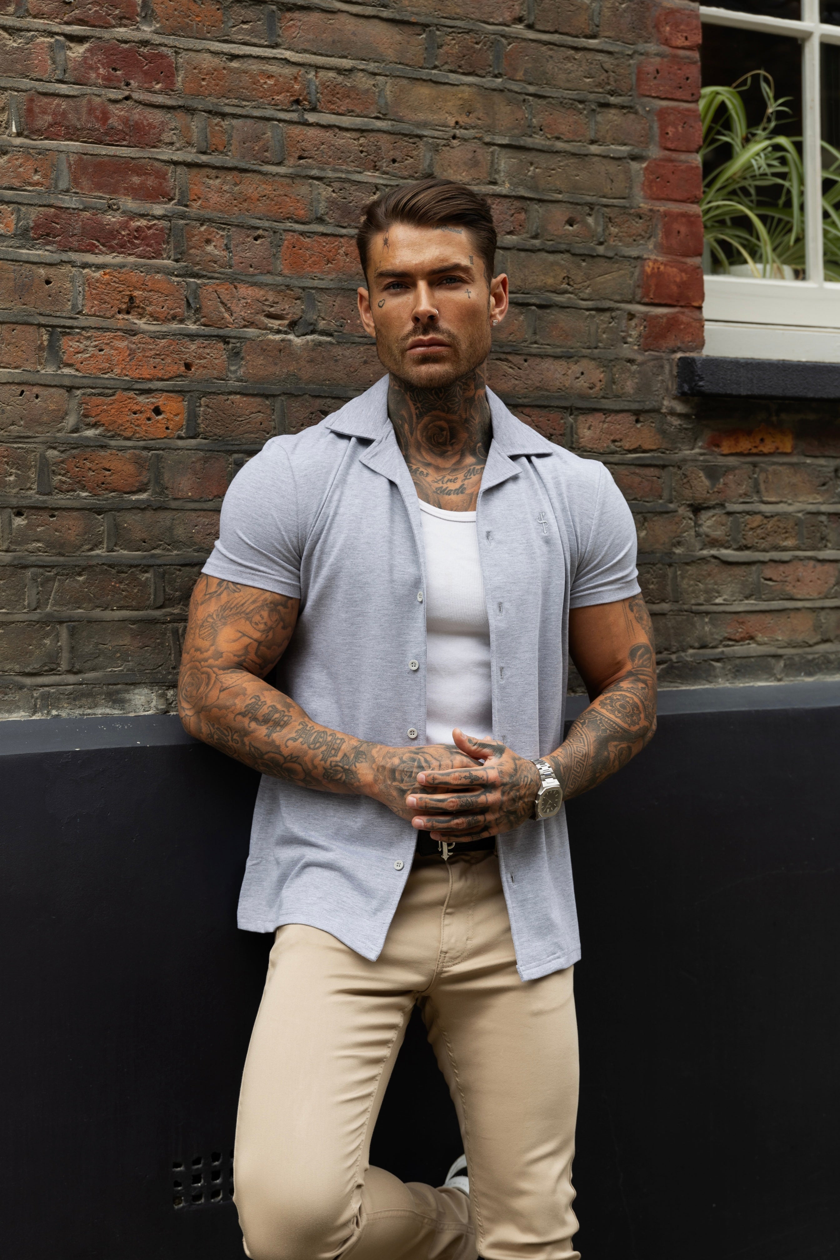 Stretch Light Grey Pique Revere Shirt Short Sleeve - FSH1072