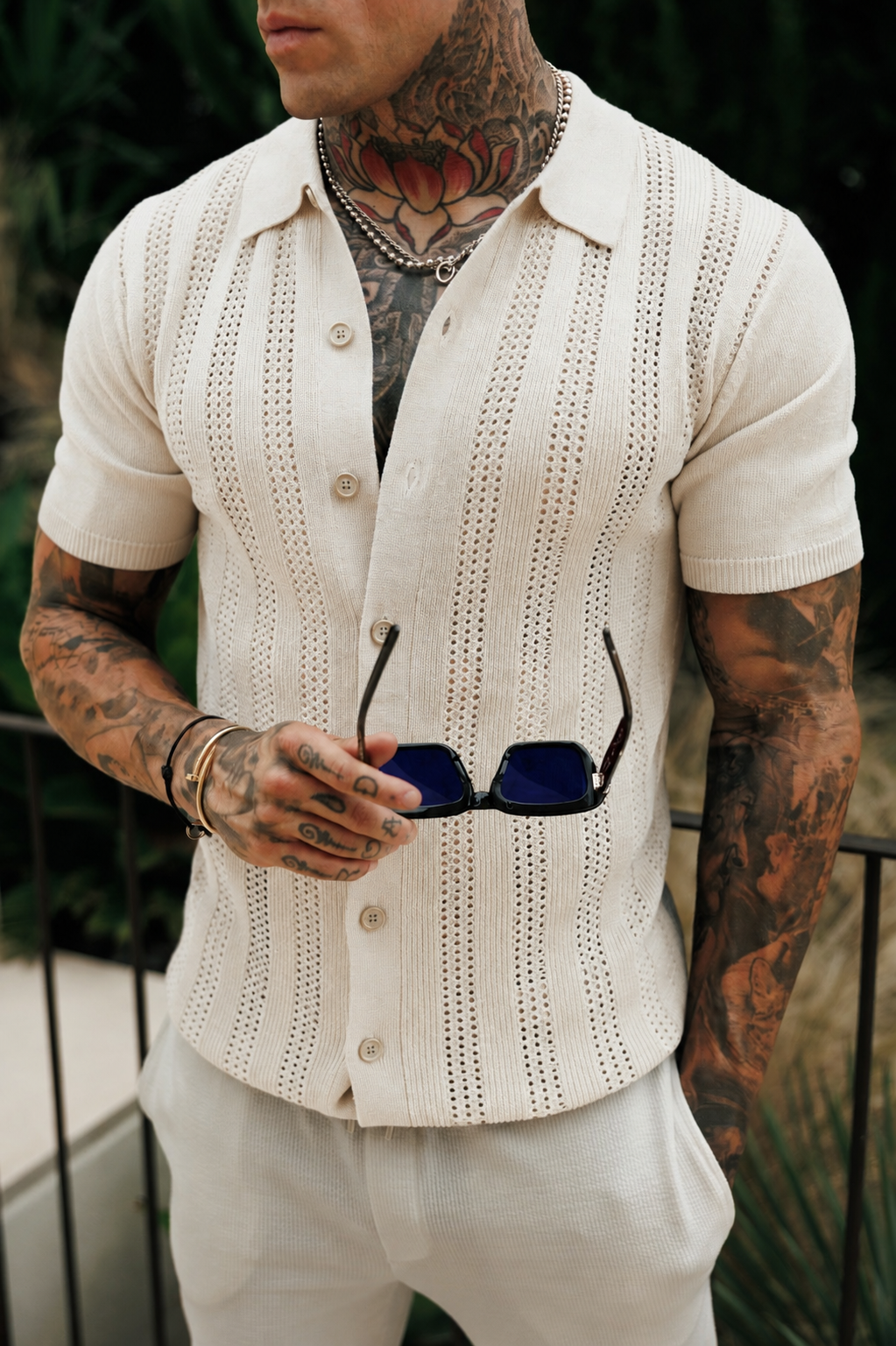 Cream Stripe Perforated Shirt Short Sleeve - FSA021 (PRE ORDER 31ST AUGUST)