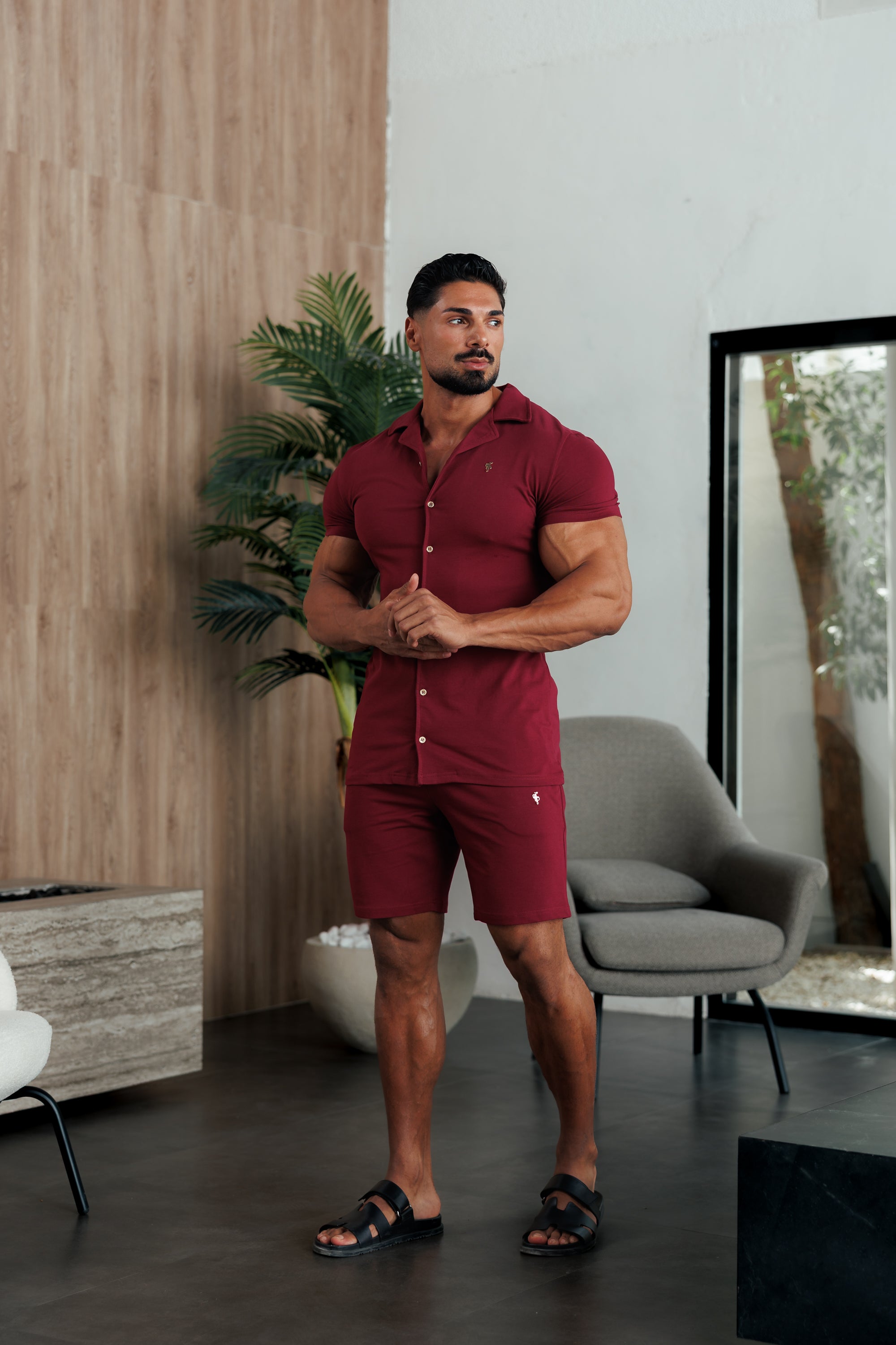 Stretch Wine / Gold Pique Revere Shirt Short Sleeve - FSH1388