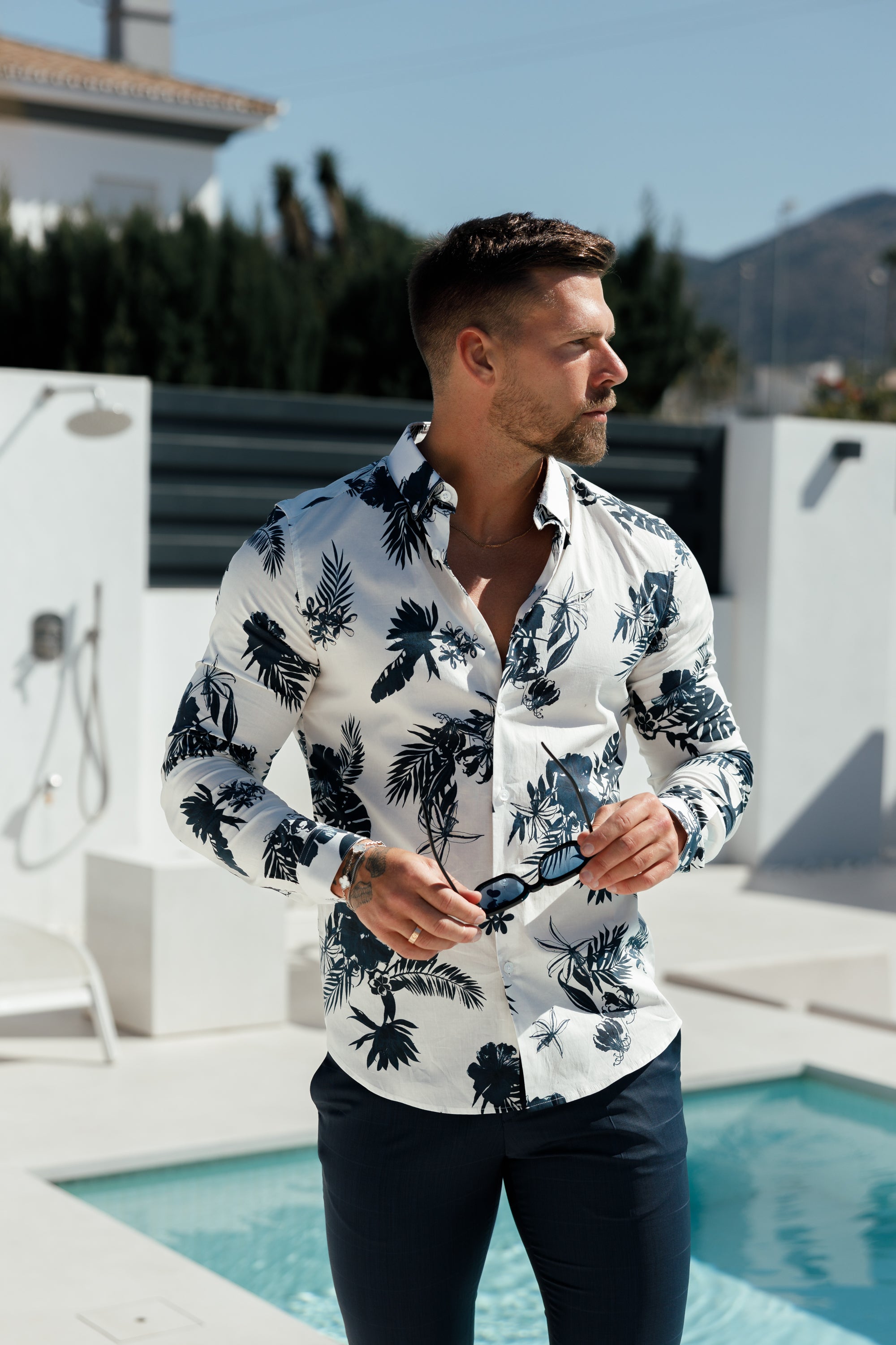 Classic Stretch LS White / Ink Print Button Down Collar - FS1100