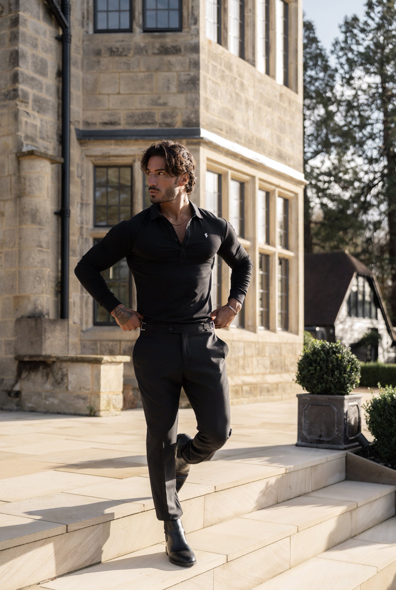 Black / Silver Polo Shirt Long Sleeve - FSH1396