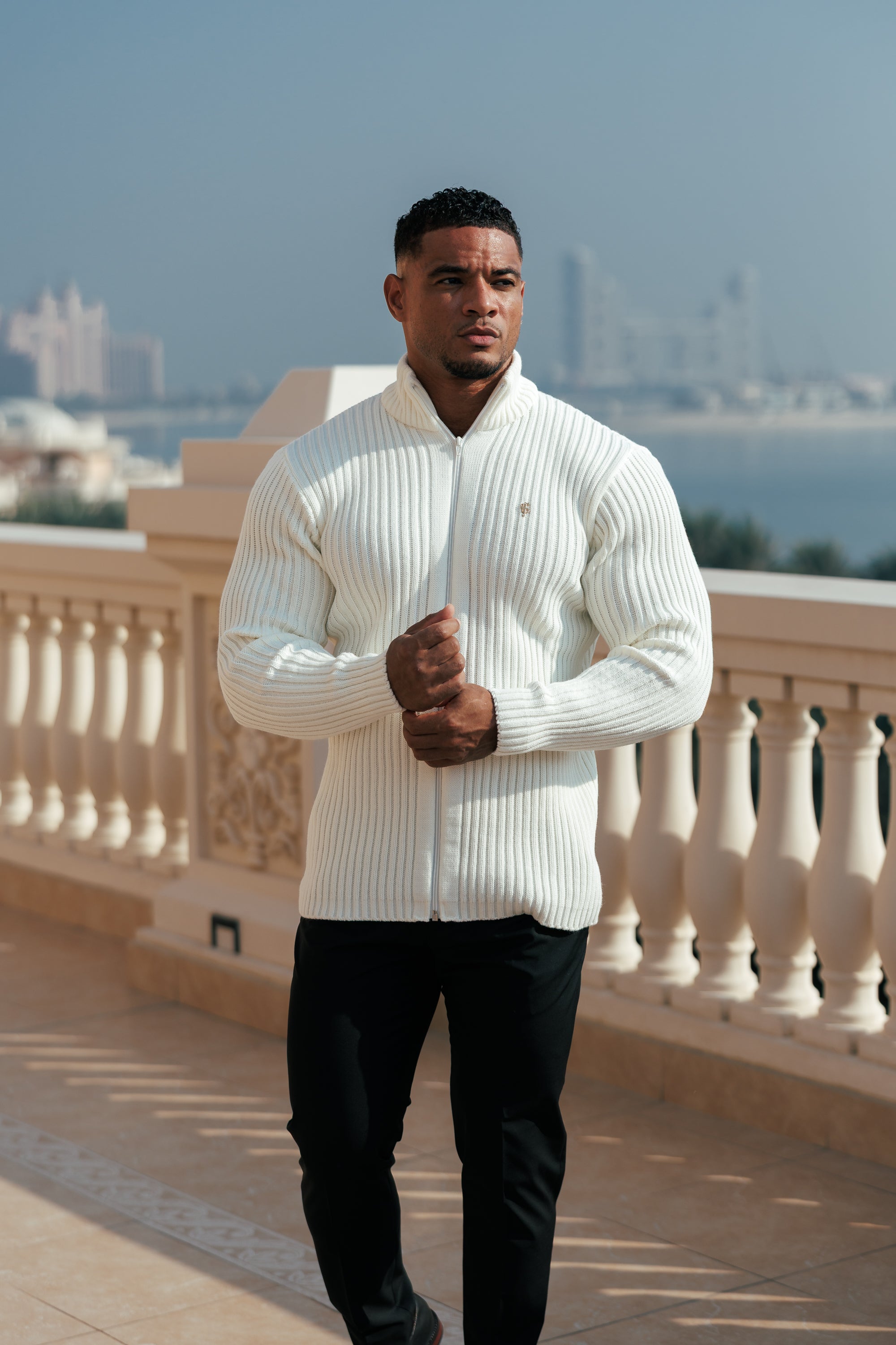 Chunky Cream Ribbed Zipped Cardigan with Gold Emblem- FSJ096