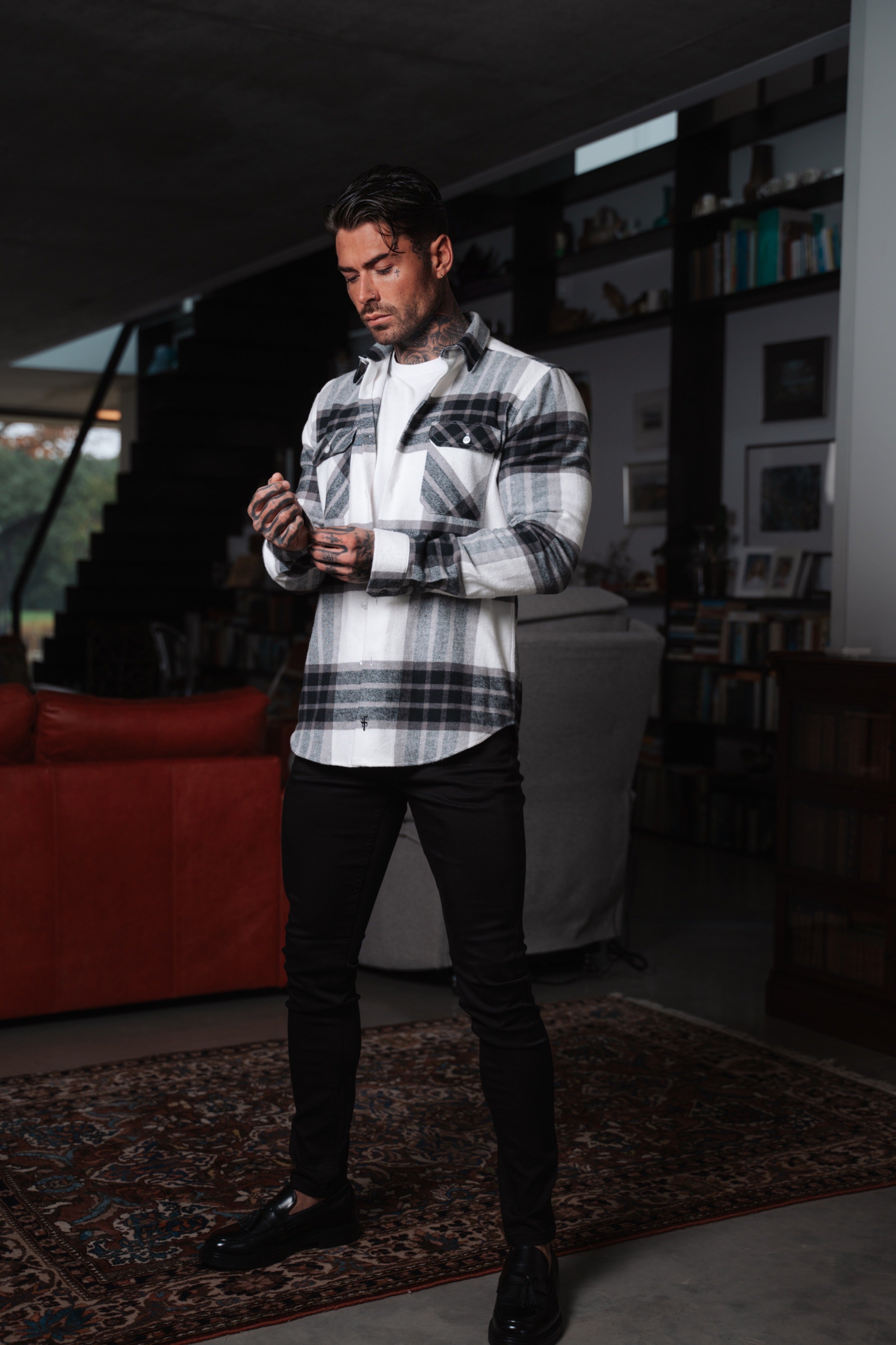 Heavy Brushed Off White / Grey Check Shacket With Double Pockets - FS1034