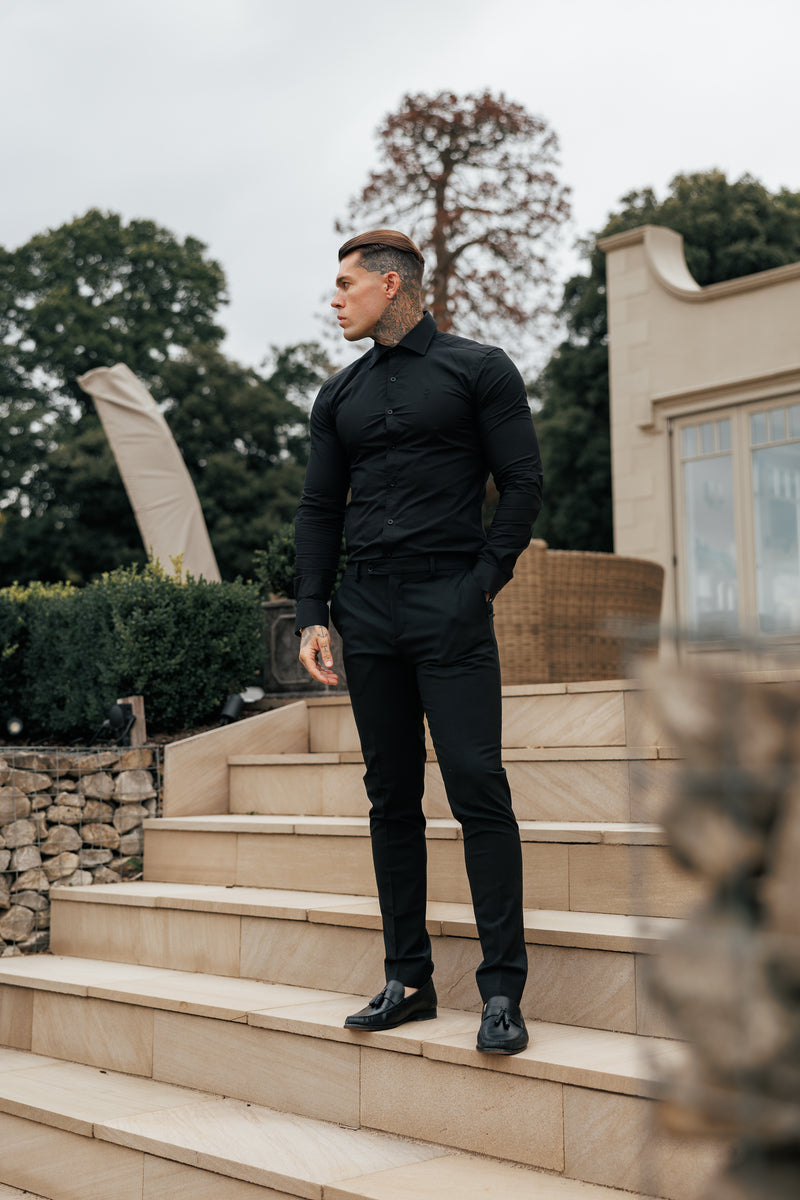 Father Sons Muscle Fit Advanced Stretch Black Cutaway Collar Shirt  - FS1164