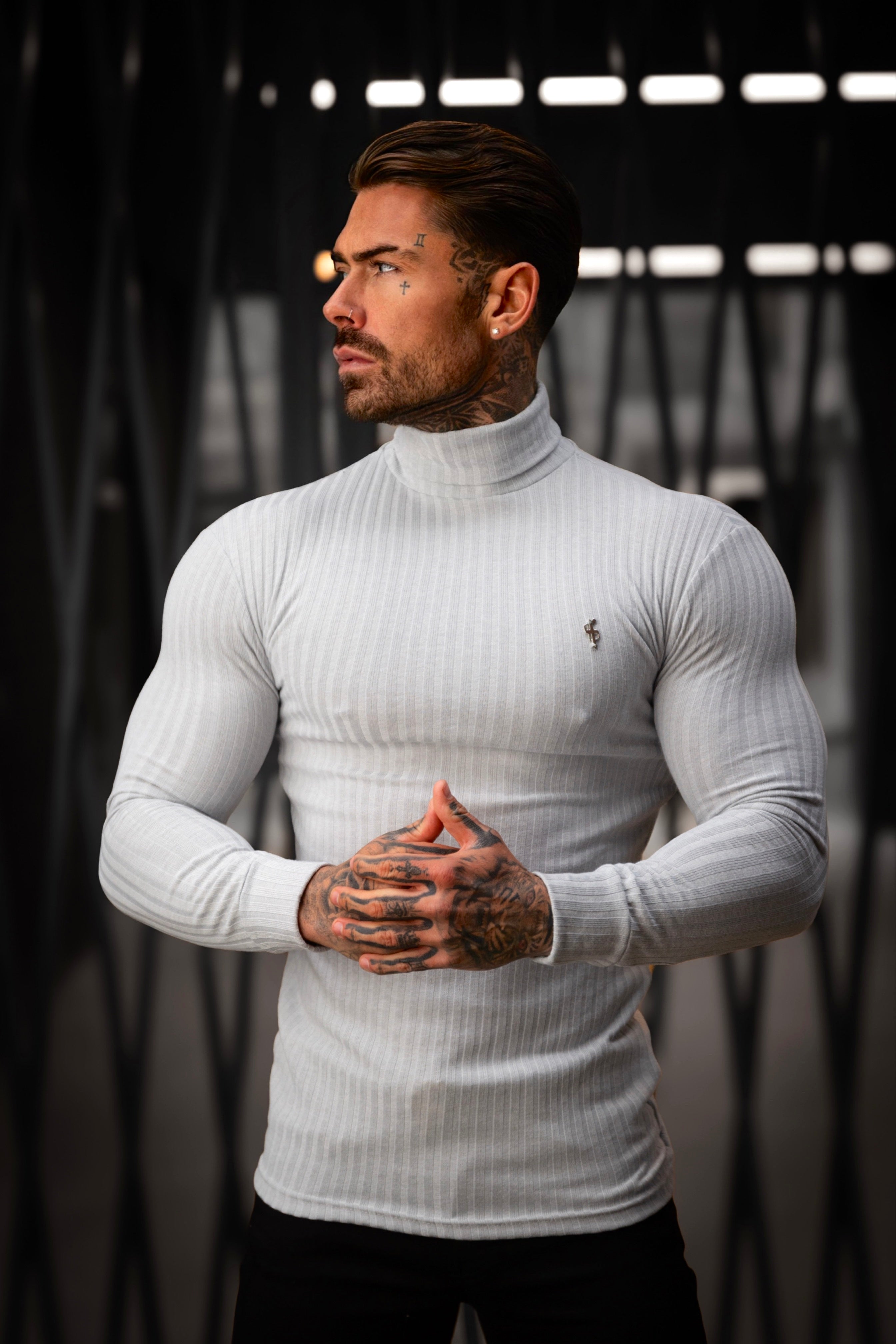 Father Sons Classic Light Grey / Silver Ribbed Knit Roll-neck Sweater - FSH956