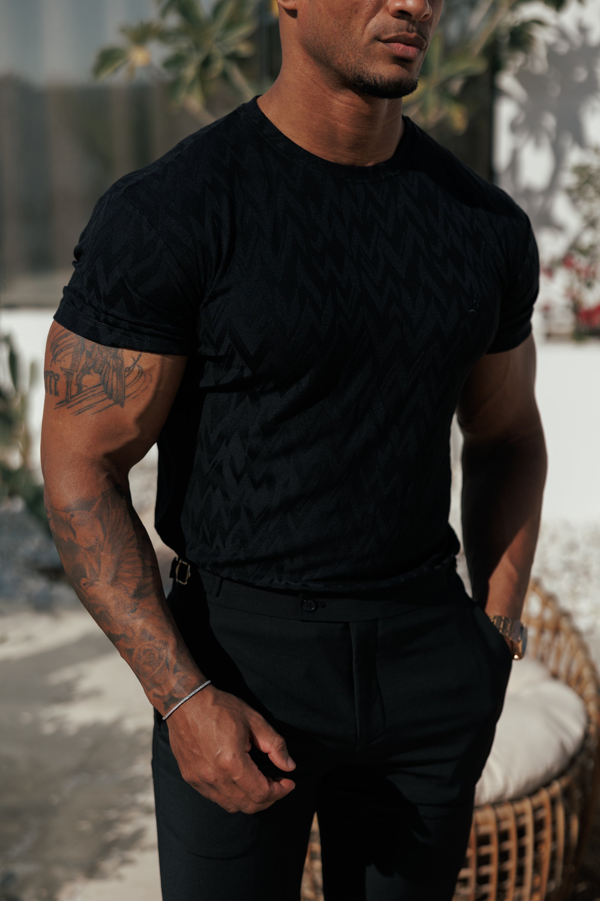 Regular Fit Jacquard Black Chevron T-Shirt - FSR046