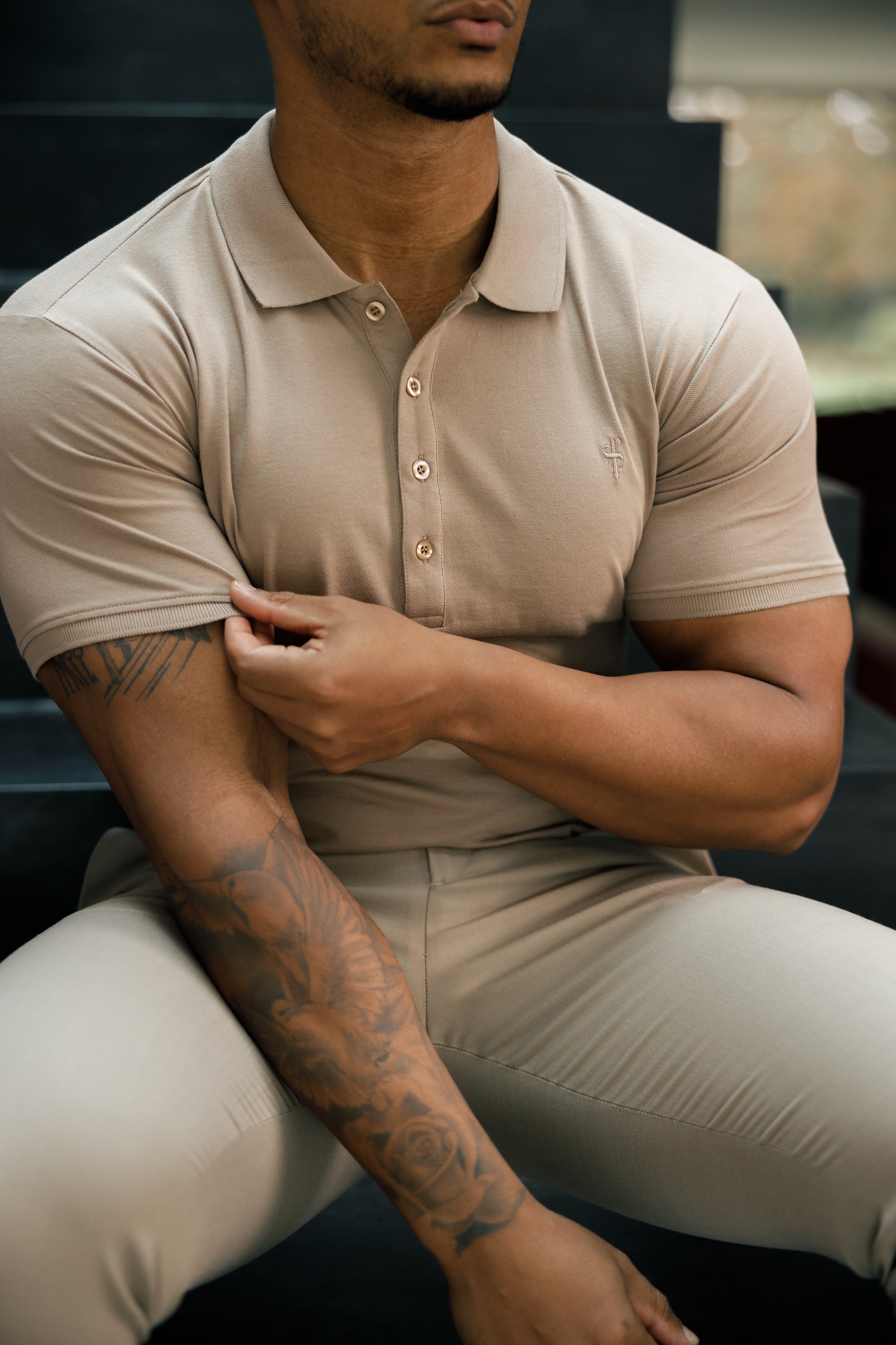 Classic Taupe Polo Shirt with Tonal Button and Embroidery - FSH913