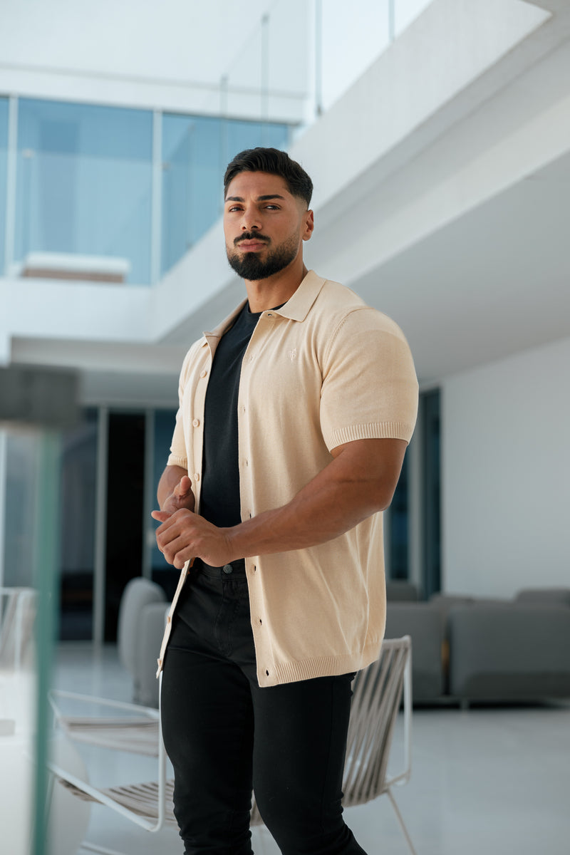 Father Sons Classic Plain Beige Knitted Button Through Polo Short Sleeve - FSN104