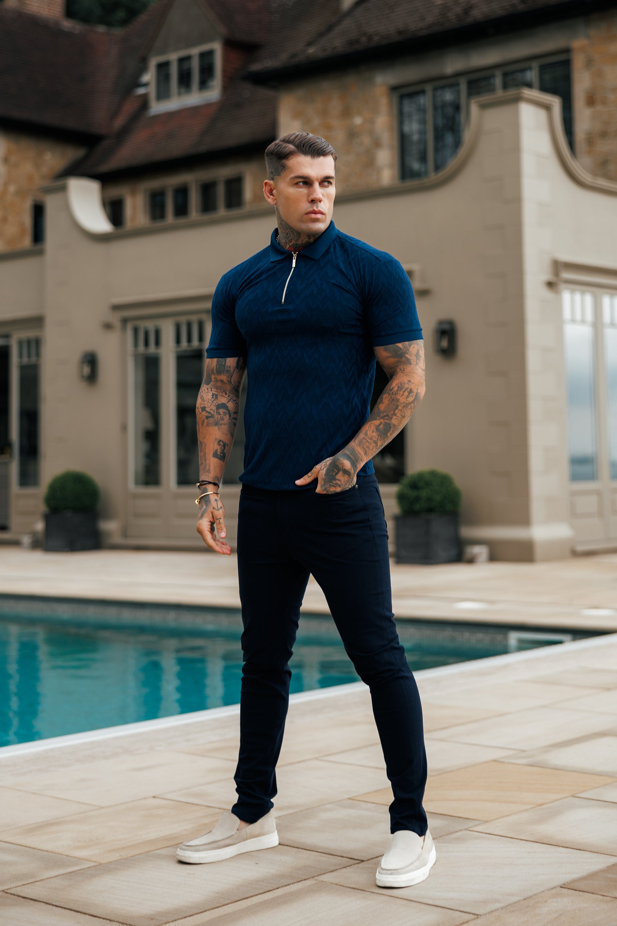 Classic Jacquard Navy Chevron Zipped Polo - FSR021