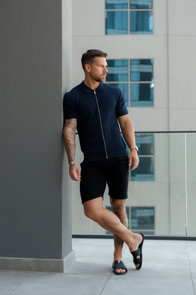 Father Sons Classic Knitted Geo Design With Full Length Zip Navy Short Sleeve - FSN149