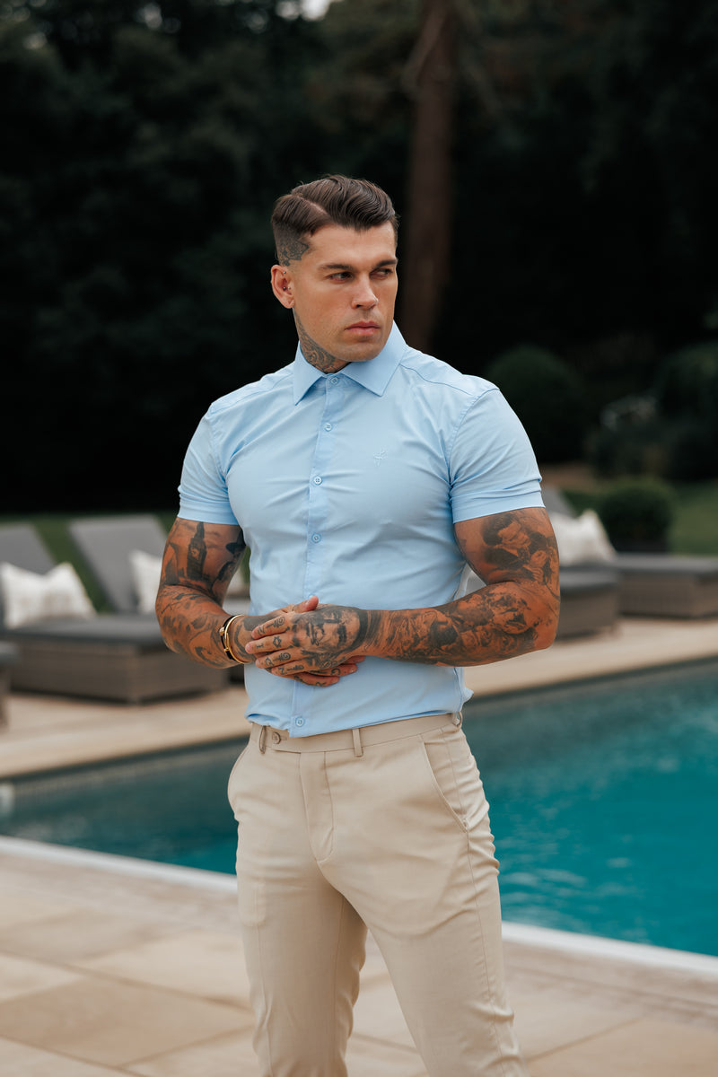 Father Sons Muscle Fit Advanced Stretch Powder Blue Short Sleeve with Cutaway Collar  - FS1162