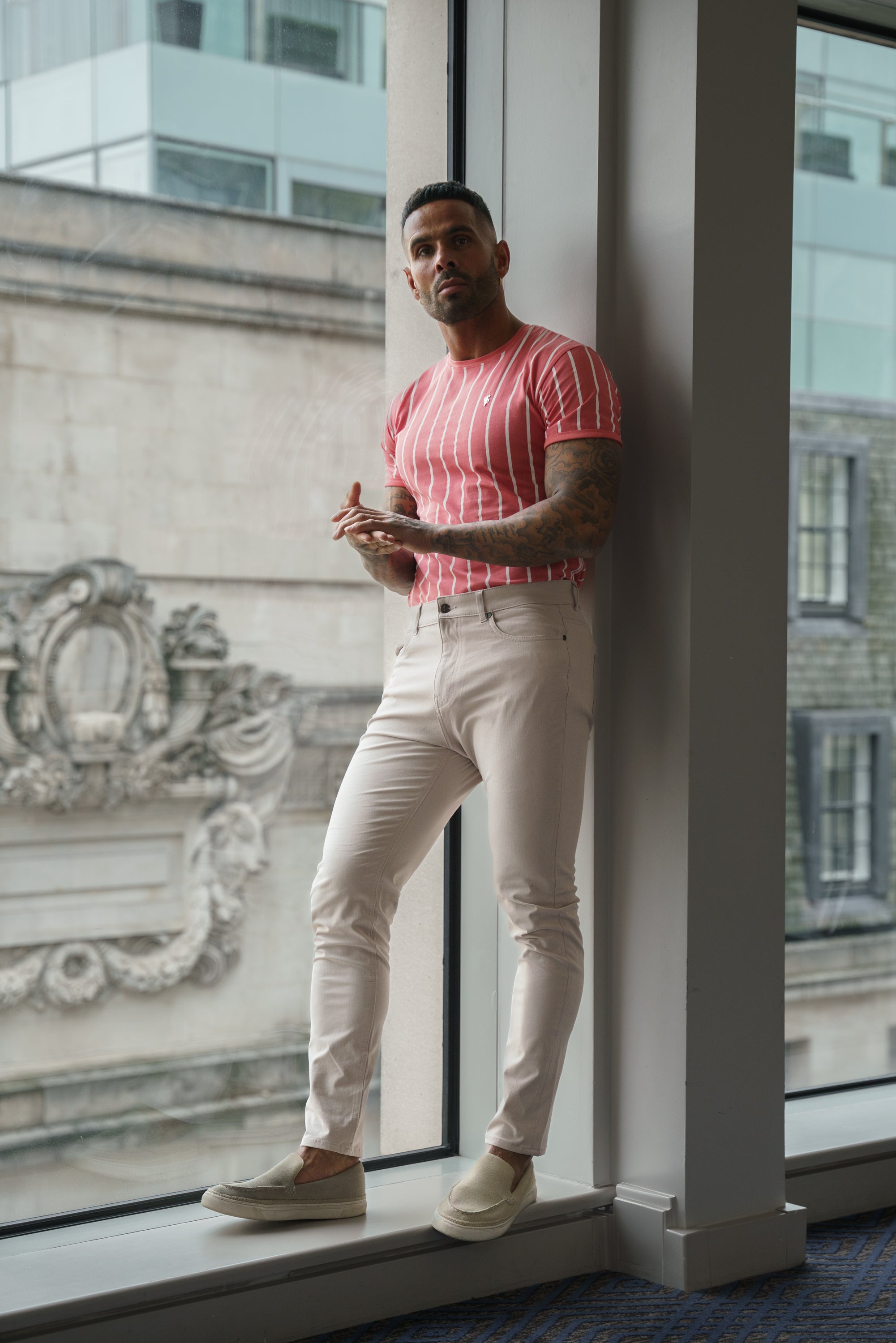 Printed Coral / White Stripe Fitted T Shirt - FSH1171