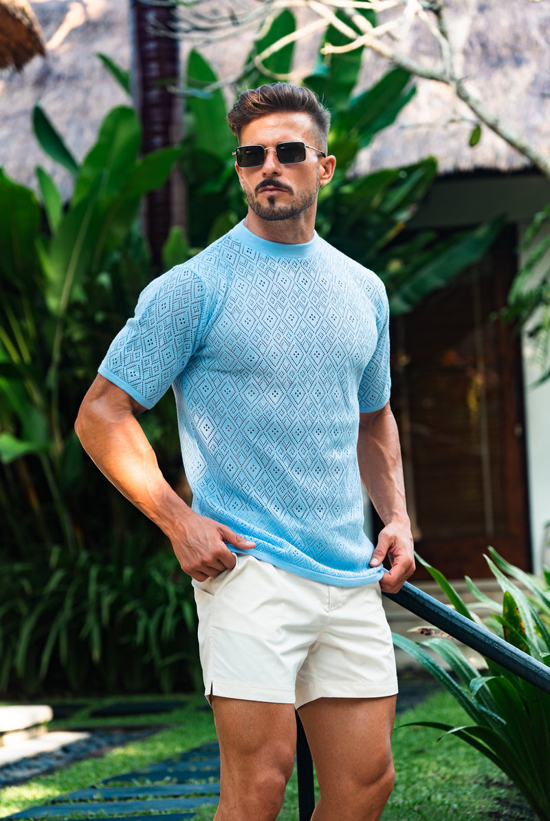 Father Sons Crochet Crew T-Shirt Blue Short Sleeve - FSJ088
