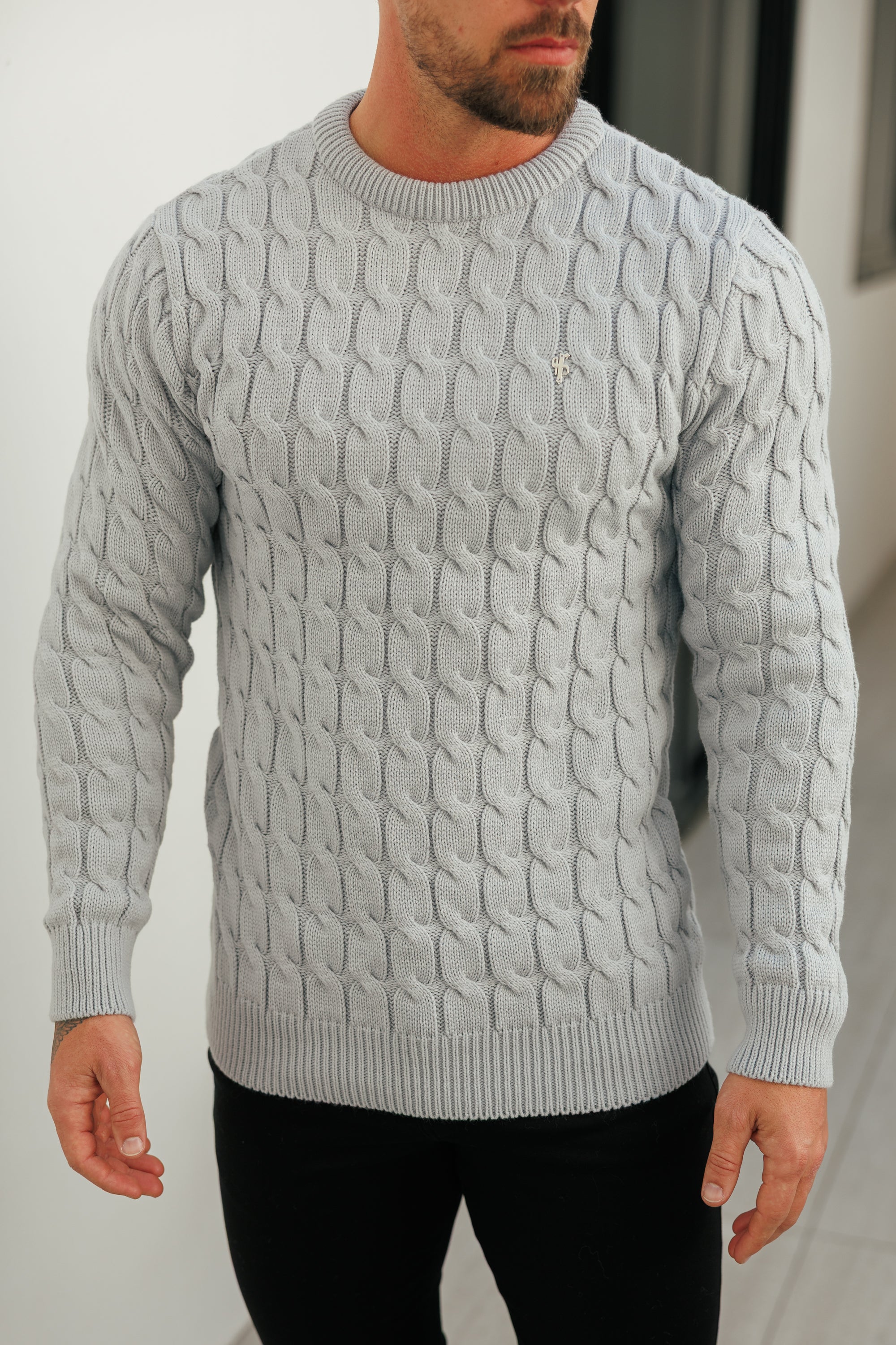 Link Weave Knit Cop Grey Crew Neck Jumper - FSJ129