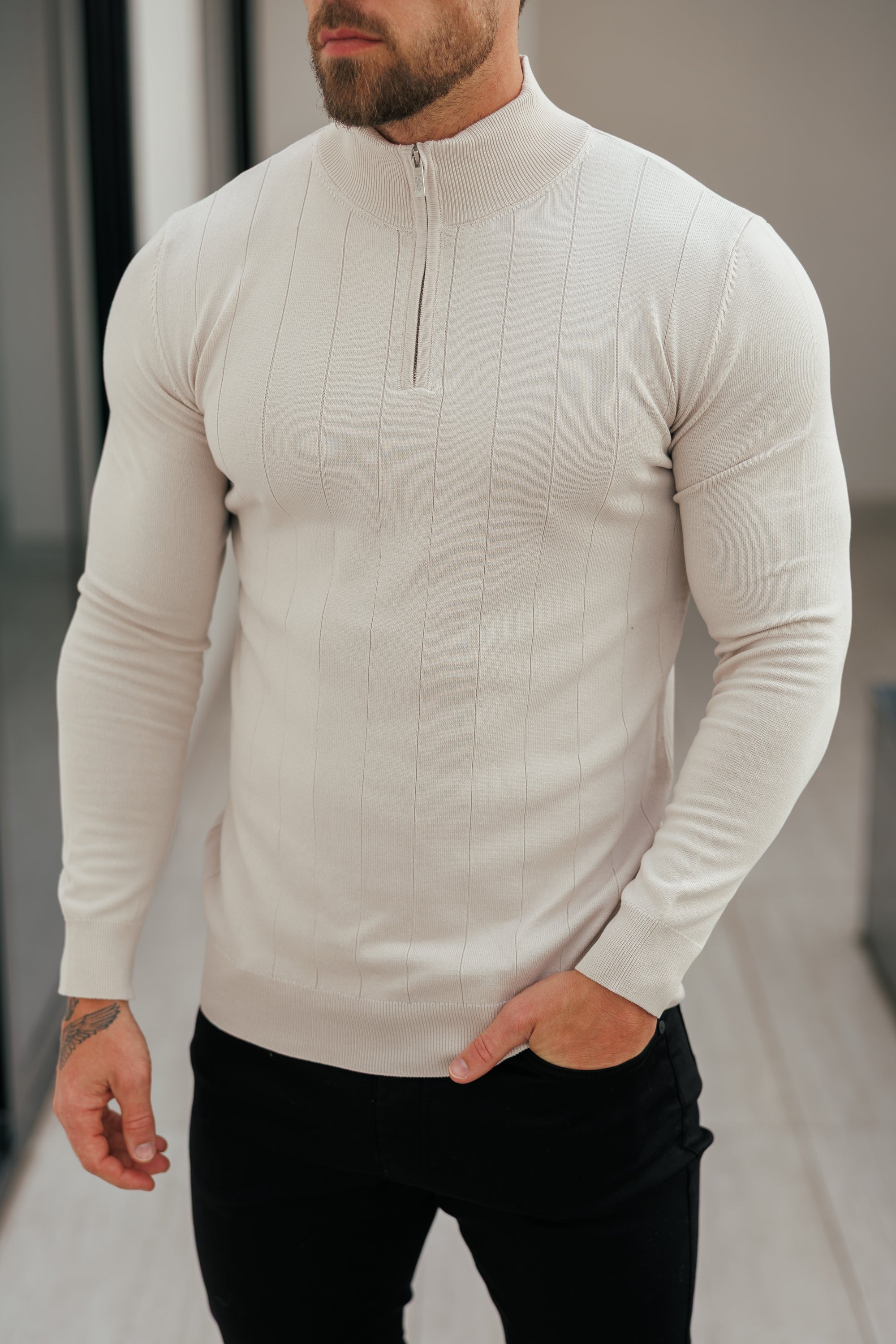 Self Stripe 1/4 Zip Funnel Neck Knit Jumper Cream Long Sleeve  -  FSR052