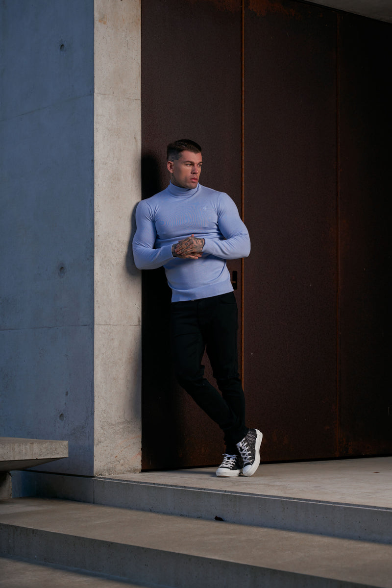 Father Sons Classic Pale Blue Roll Neck Knitted Sweater With Tonal Emblem - FSN138